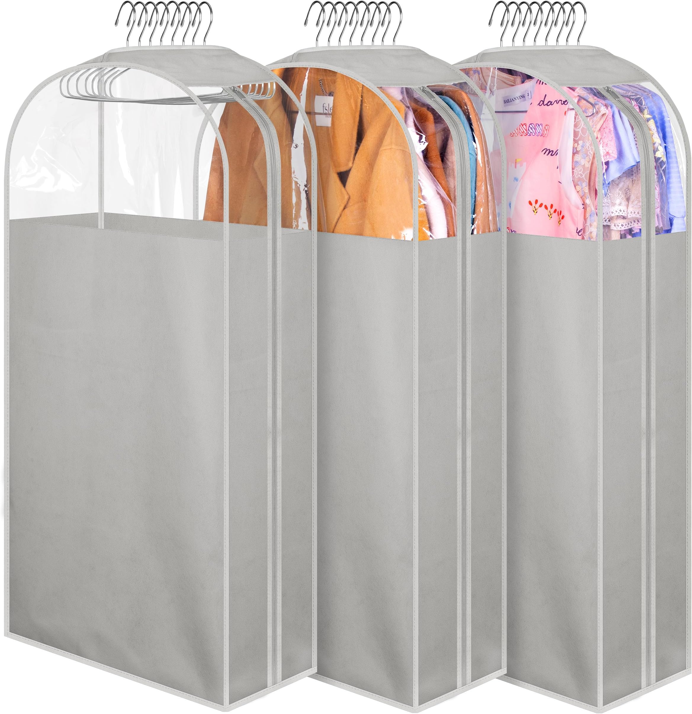 MISSLO 10" Gusseted Garment Bags for Hanging Clothes 40" Clear Suit Bags for Closet Storage Suits Cover Coat Protector, 3 Packs, Grey