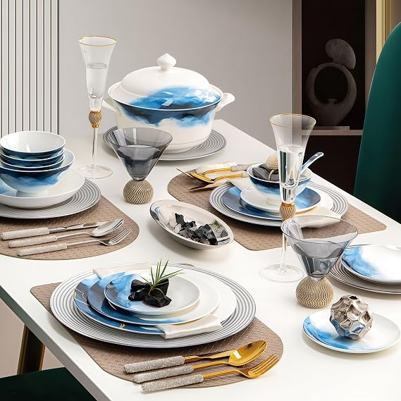 Fine Bone China Dinnerware Set, Porcelain&Ceramic Dinnerware Sets,Bone Stoneware & Ceramic Cookware Tableware Set Includes Dinner Plates|Spoons|Pasta Bowls|Soup Pot|Chopsticks (40 PCS)