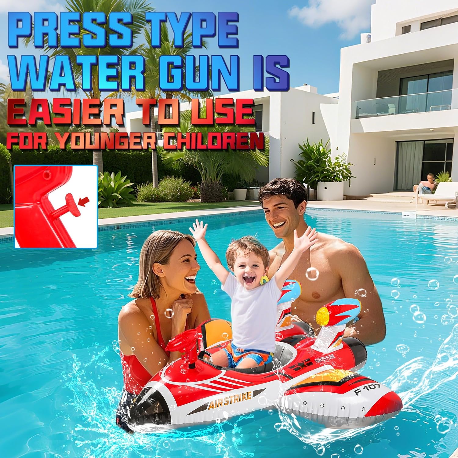 Pool Float Kids Inflatable Airplane Pool Floats Boat with Squirt Gun and Handle Toddler Pool Floaties Inflatable Ride-on Pool Toys Summer Outdoor Water Pool Games Beach Toys for Boys Girls Ages 3-6