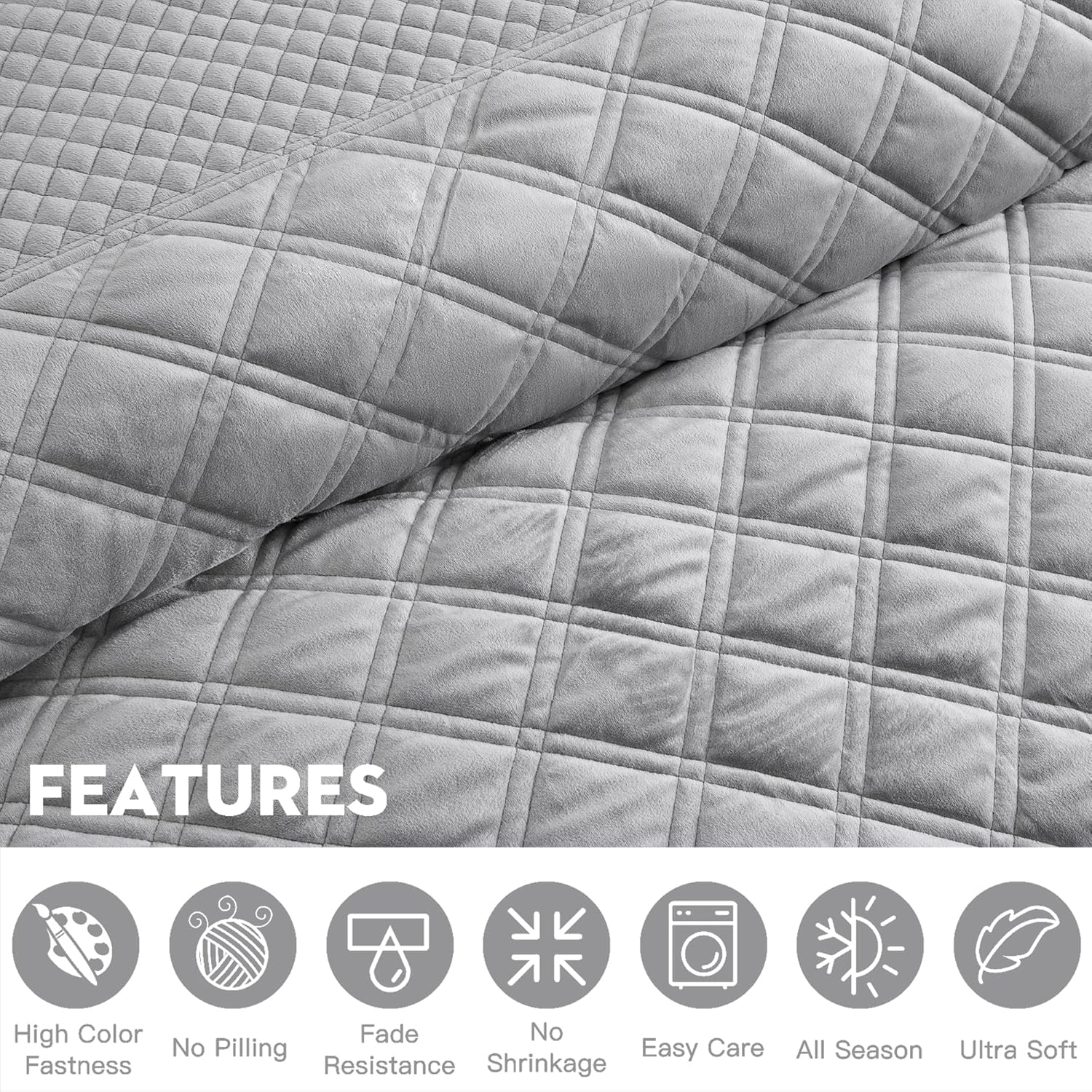 Oversized Velvet Quilt King 128x120 Extra Wide – Reversible Velvet Bedspread & Coverlet Set, 5 Piece Lightweight All Season Comforter Bedding, Geometric Diamond Quilted Design, Grey