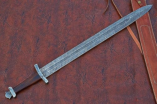 Miniatura 3 de Espada Jian de 32 pulgadas de largo, hoja de doble borde de acero de Damasco forjada a mano de 25 pulgadas de largo, empuñadura cruzada de acero de