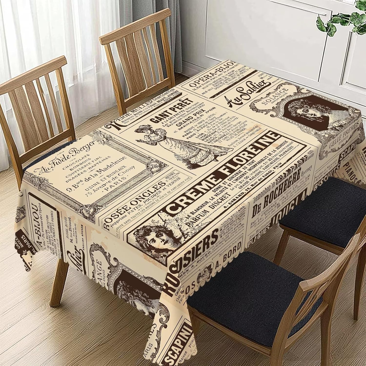 Brown Newspaper Rectangle Tablecloth France Paris Table Cloth Vintage News Women Pattern Rectangular Tablecloth Advertisement Table Cover for Dining Kitchen Party 54 x 72 Inch