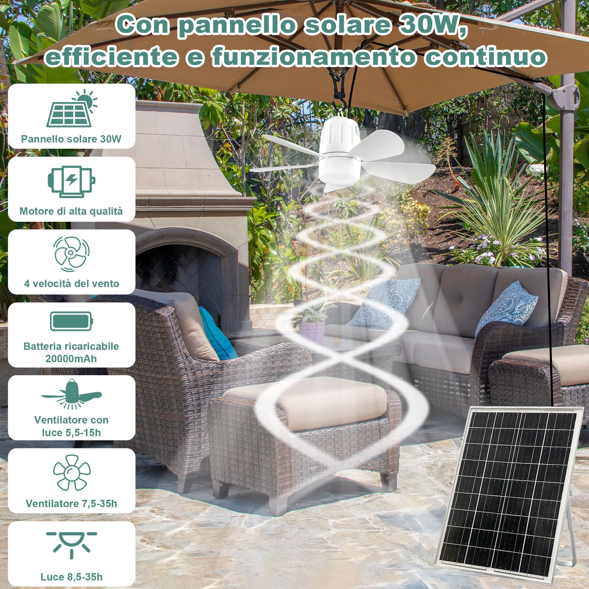 Gliztech Lampadario Ventilatore Solare, Lampadario con Ventilatore da soffitto con luce con Illuminazione, Pannello Solare e Telecomando, Patio, Ombrellone, Gazebo, Tettoia, Campeggio