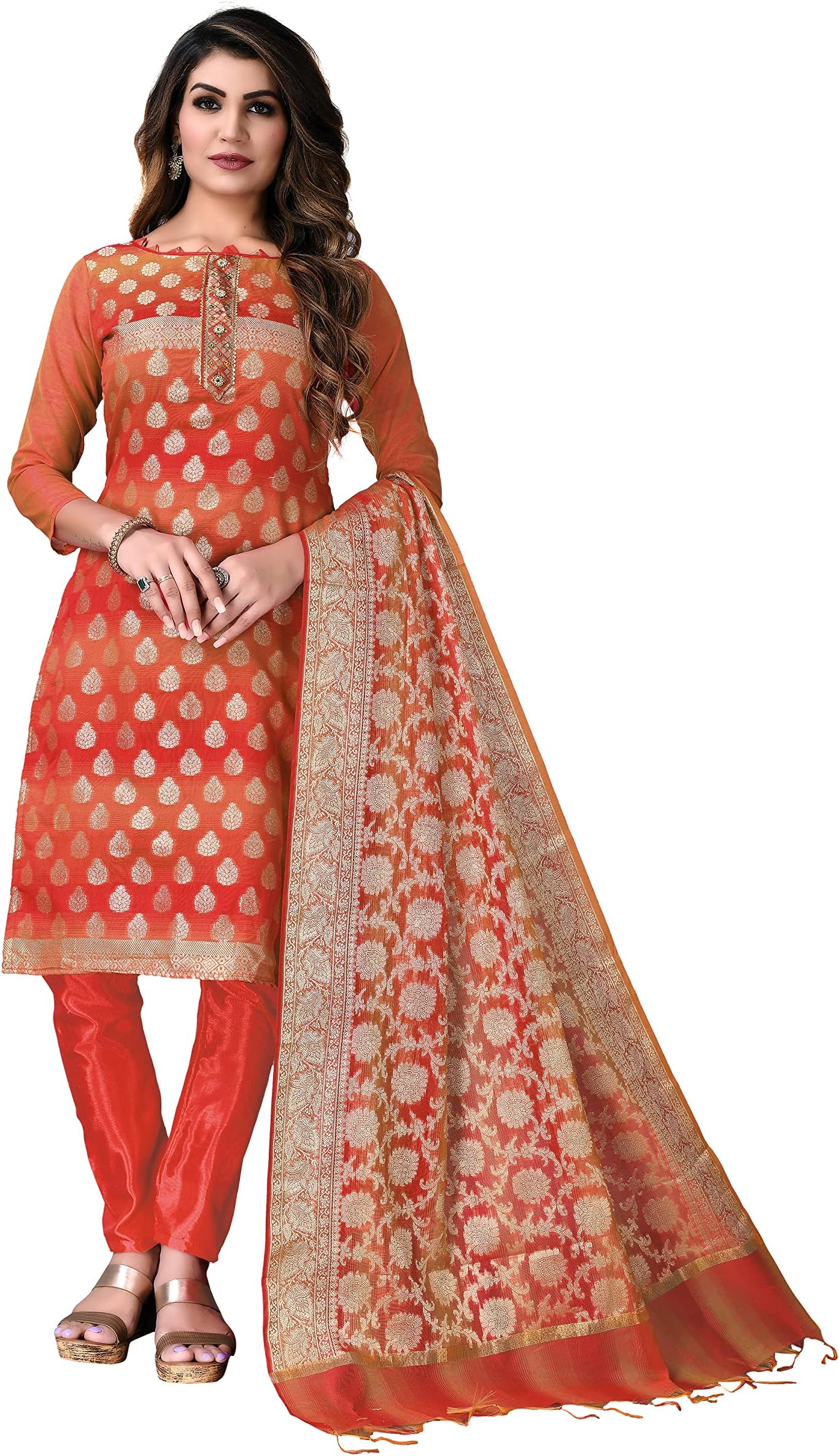 Indian Panjabi Style Cotton Fabric Regular Wear Patiala Churidar Salwar Suit with Multi Colour Dupatta for Women, Red731, XS
