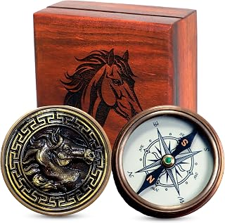 Compass -2 Inches with Wooden Storage Box – Detailed Horse Engraving on Both Compass and Box – Ideal for Collectors and Gifts