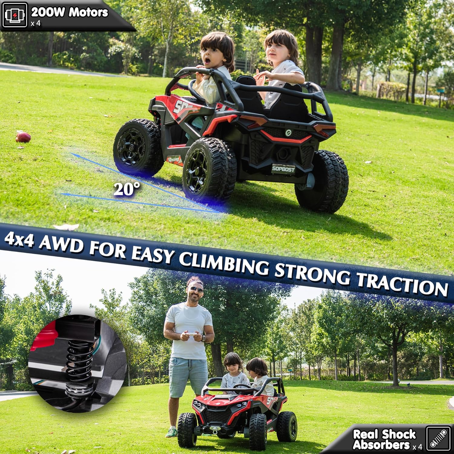 sopbost XL 24V Real 2-Seater Kids UTV 5MPH Ride On Car with 4x200W Motors for Kids 3-8 w/Remote Control, Bluetooth Music, Ignition Start & 4 Spring Suspension, 21.85" Spacious Seat - Red