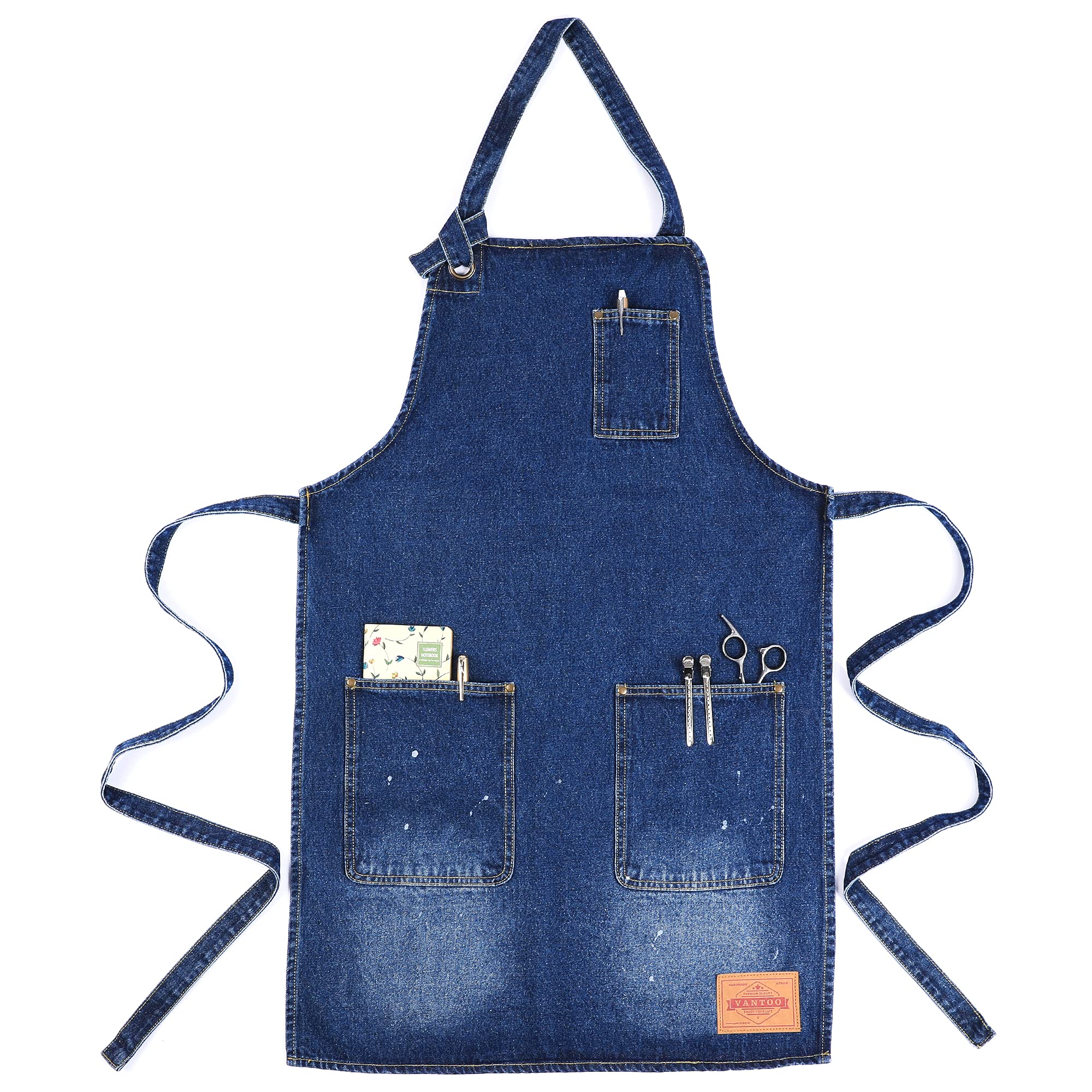 VANTOO Chef Apron with Pockets, Denim Kitchen Apron for Men Women, Gift for Women and Men, Mom and Dad, Blue, Large