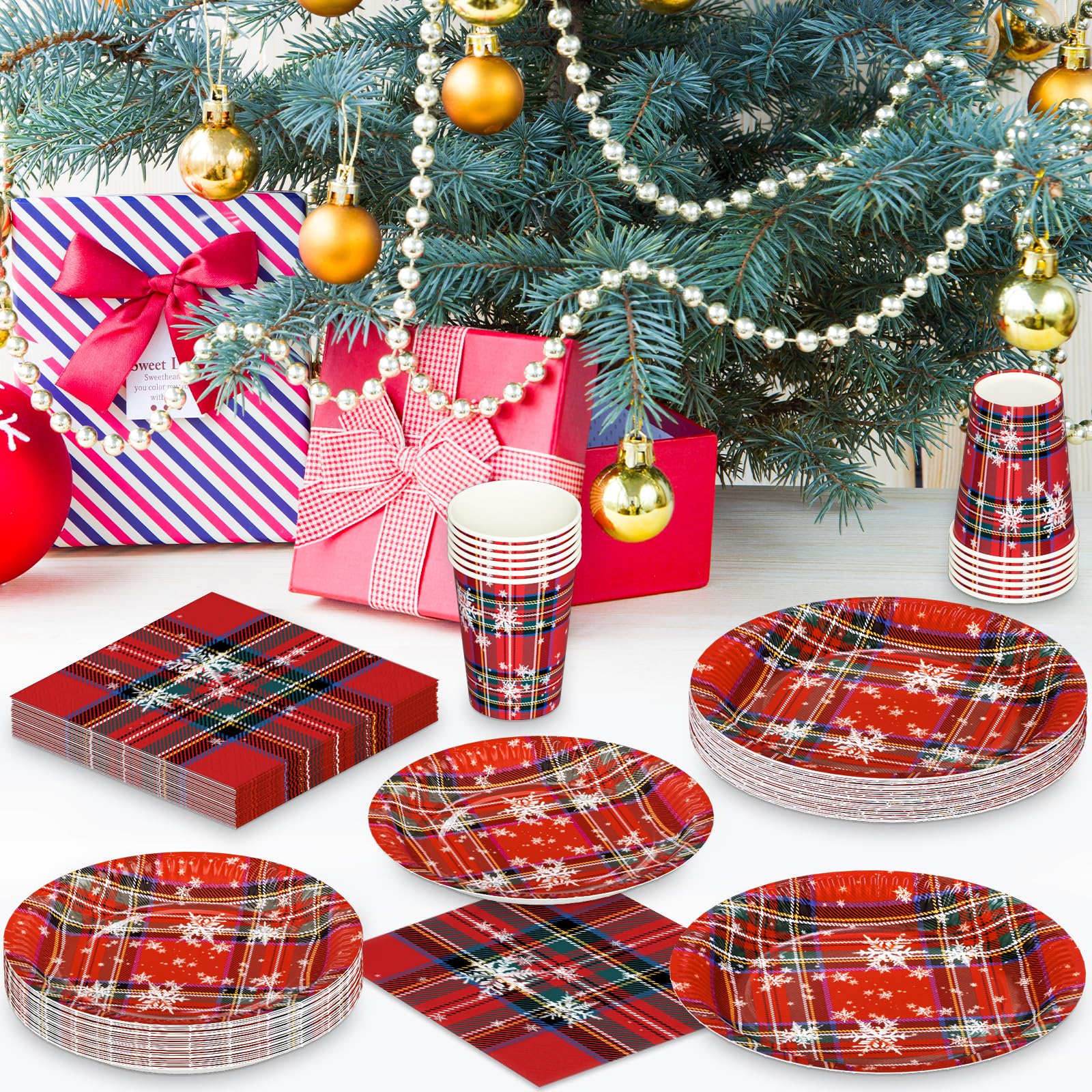 HNH Piatti, Tovaglioli e Bicchieri di carta Natale Rosso scozzese 100 pezzi Piatti di carta da dessert usa e getta Set di Stoviglie monouso per feste