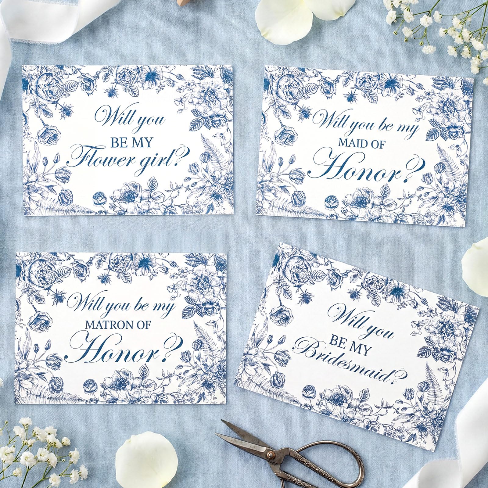 Motiskyy 14 Pcs Floral Bridesmaid Proposal Card Set with 8 Will You Be My Bridesmaid 2 Maid of Honor 2 Matron of Honor Flowergirl Card Invitation for Wedding Bridal Shower Bachelorette Party(Blue)