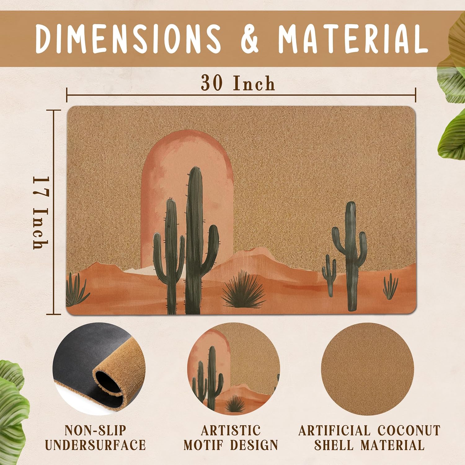 Western Cactus Door Mat, Boho Southwest Front Door Mat Outside Entrance, Bohemian Desert Artificial Coir Doormat Rugs for Indoor Outdoor Entryway, Vintage Western Decor, 17x30 Inch