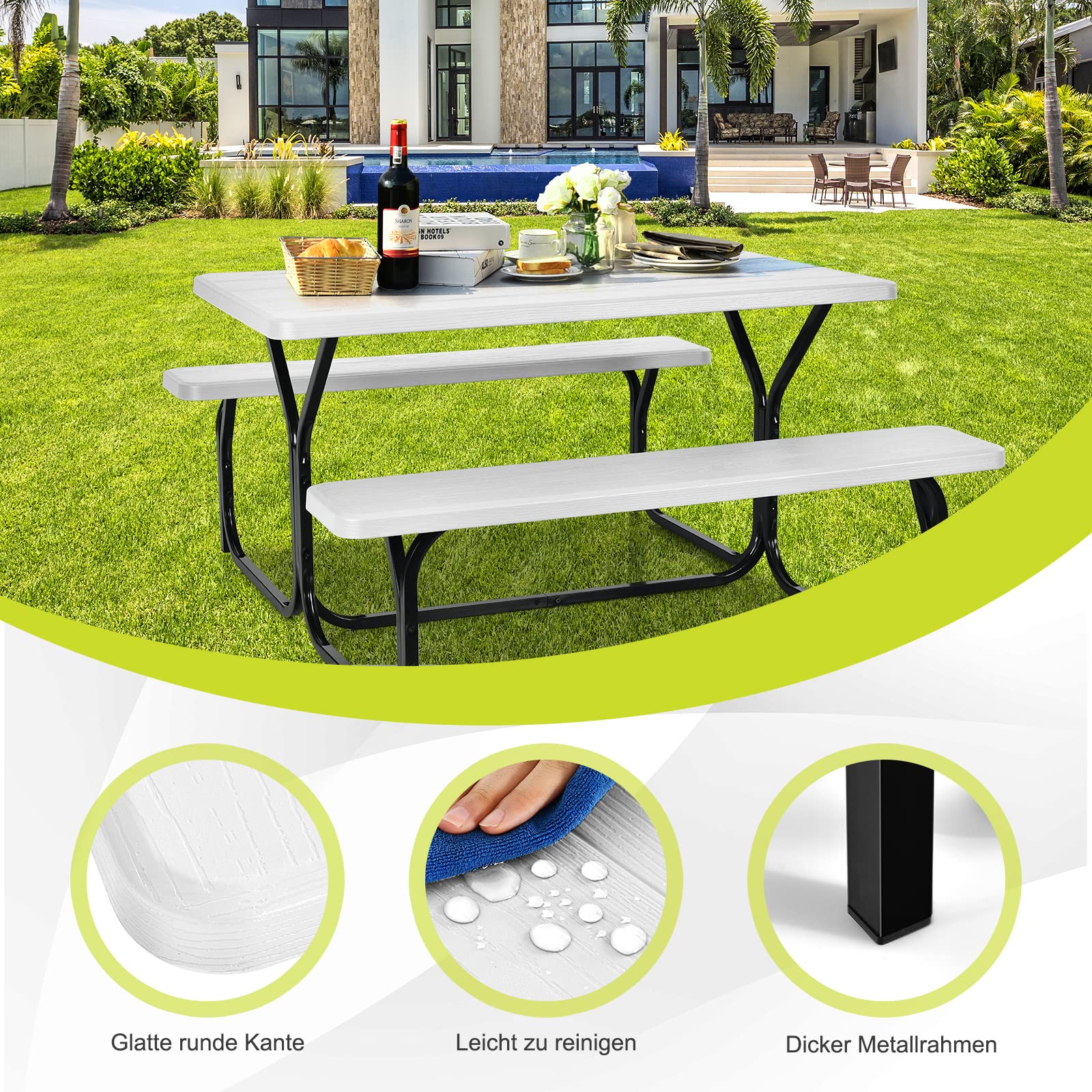 GOPLUS Bierzeltgarnitur Campingtisch mit 2 Bänken, Picknick Sitzgarnitur mit HDPE-Tischplatte & Stabilem Metallgestell, Gartensitzgruppe für 4 Personen, 137 x 150 x 72 cm (Weiß)