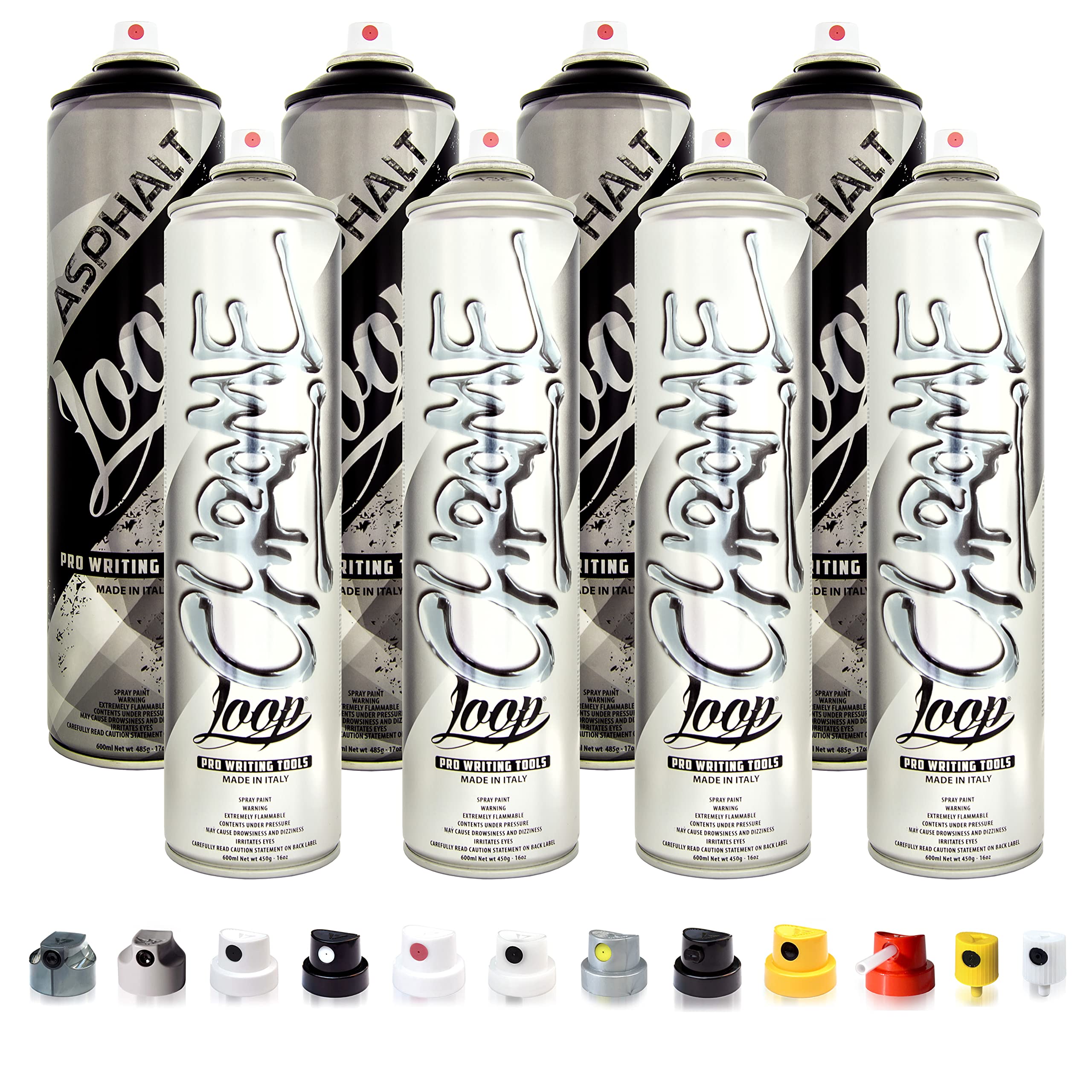 Betterrun LOOP Sprühdosen Set Silber Schwarz - 8 x 600ml Acryllack + 10x Sprühaufsätze - Graffiti Spray Cans