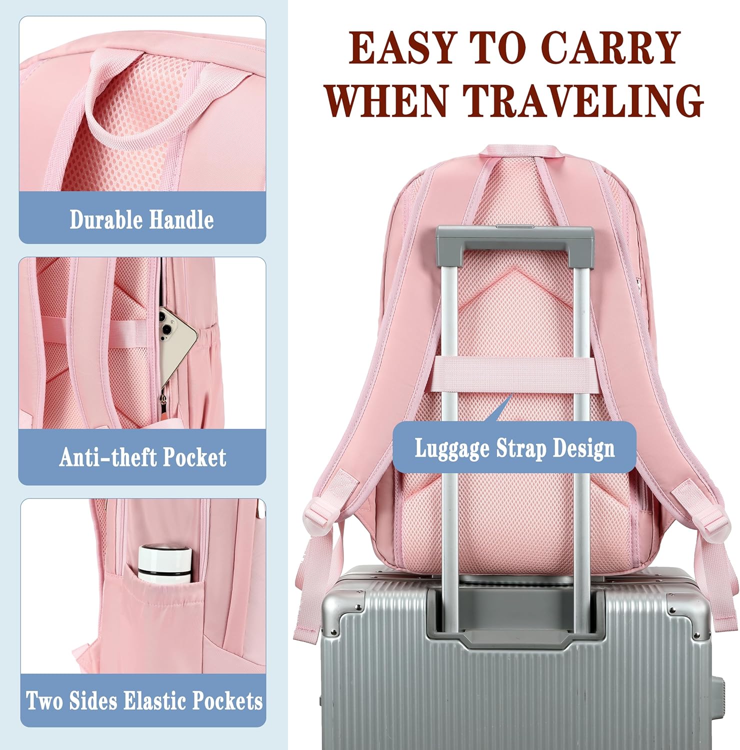 Travel Laptop Backpack for Women 15.6 Inch Computer Backpacks with USB Charging Hole Anti Theft Carry on Bag College Bookbag Large Pink Back Pack for Work Business Traveling Commuter Daypack-Pink - Image 5