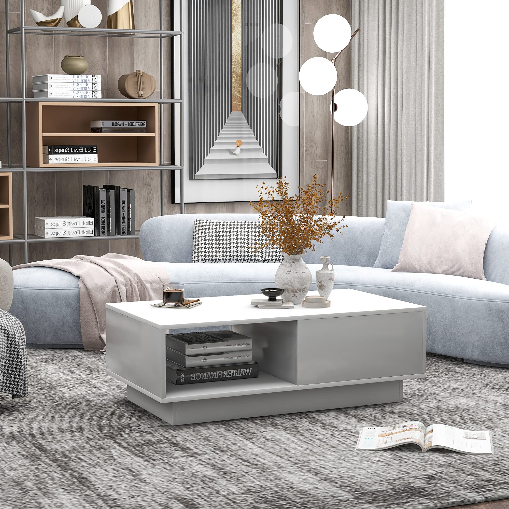 Merax Couchtisch 90x50cm Mit LED - Weiß Glasplatte Und Stauraum