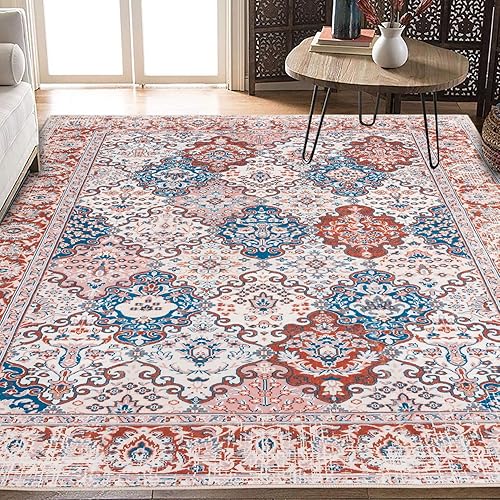 Miniatura 1 de YOEGE Alfombra bohemia de 5 x 7 pies, lavable, antideslizante, alfombra suave para sala de estar, dormitorio, cocina, comedor, rosaazul marino