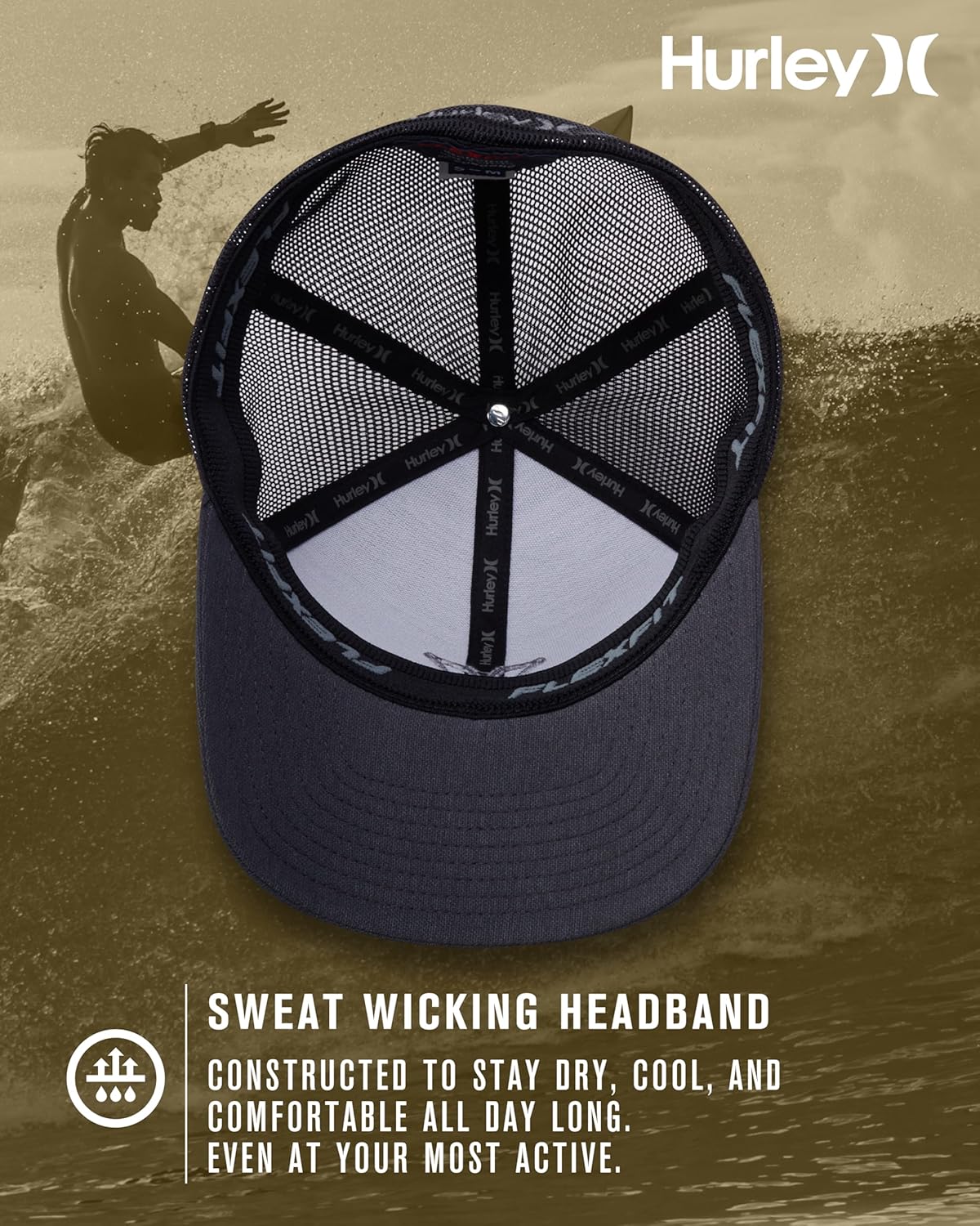 Hurley Mens Trucker Hat - Lightweight Breathable Stretch Mesh Back Curved Bill Baseball Cap with 3D Front Icon Logo - Image 3