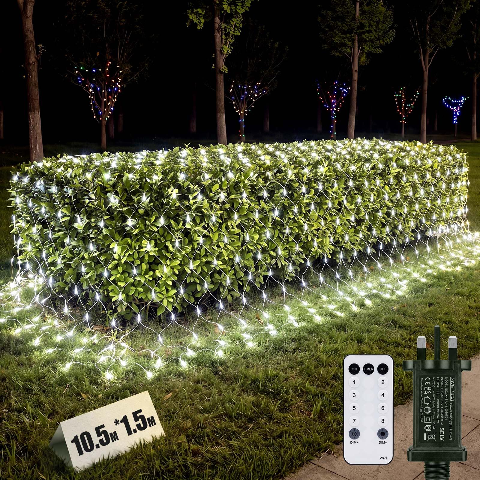HEYCOLOR 10.5x1.5m Christmas Net Lights Outdoor Waterproof, 610LED Large Mesh Light Plug in, 8 Modes Christmas Lights with Remote Indoor for Wall Bush Fence Garden Patio Lawn Window (White)