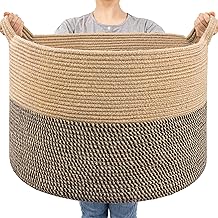 Beige Black Storage Basket 69L (16" W x 22" H) | Extra Large Foldable Basket Organizer for Clothes, Toys & Blankets, Storage for Living Room, Round Woven Basket for Clothes,