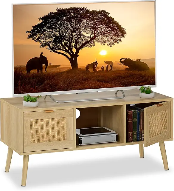 Rattan Design TV Bench, Lowboard for up to 43 inch TVs, Wood Look, 100 cm Wide