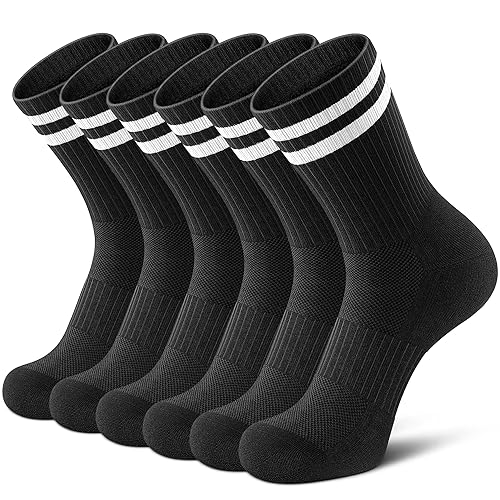 Airacker Athletic Socks Sport Running Calf Socks Performance Cushioned Breathable Crew Socks for Men Women(6 Pairs) - 9-12 - Black With White Striped