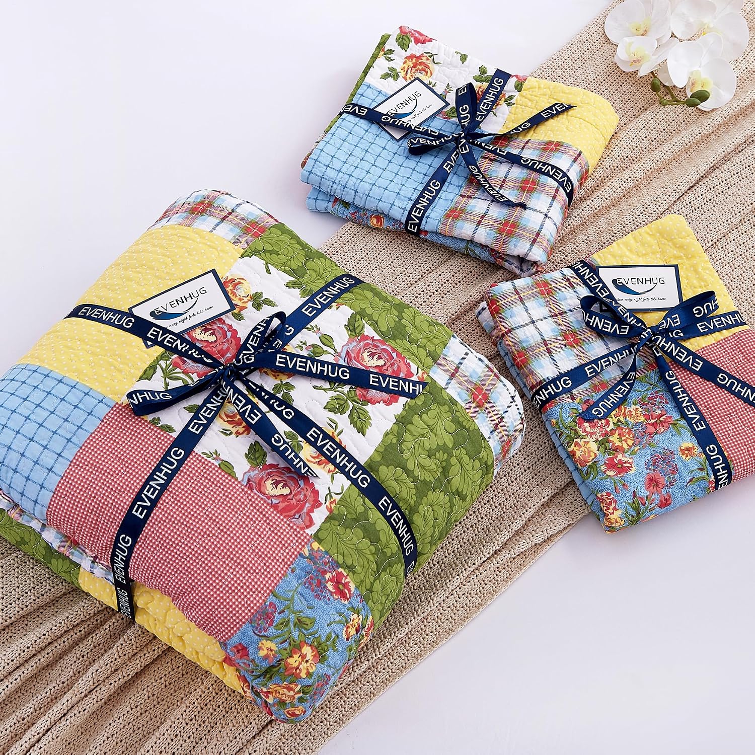 EVENHUG 100% Cotton Quilt Set Queen Size Floral Patchwork Bedding Sets with Pillow Shams Breathable Lightweight Bedspreads Coverlet for All Season 3 Piece (92"x96")