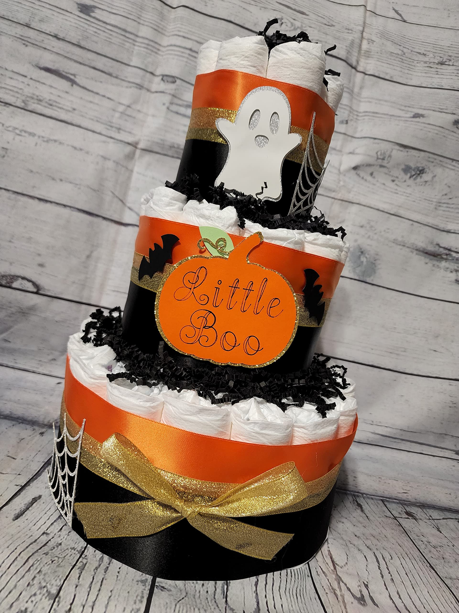 Little Boo Pumpkin Halloween Theme Diaper Cake - 3 Tier - Baby Shower Gift - Orange, Gold, Silver, Black Ghosts Spiders Bats and Pumpkins