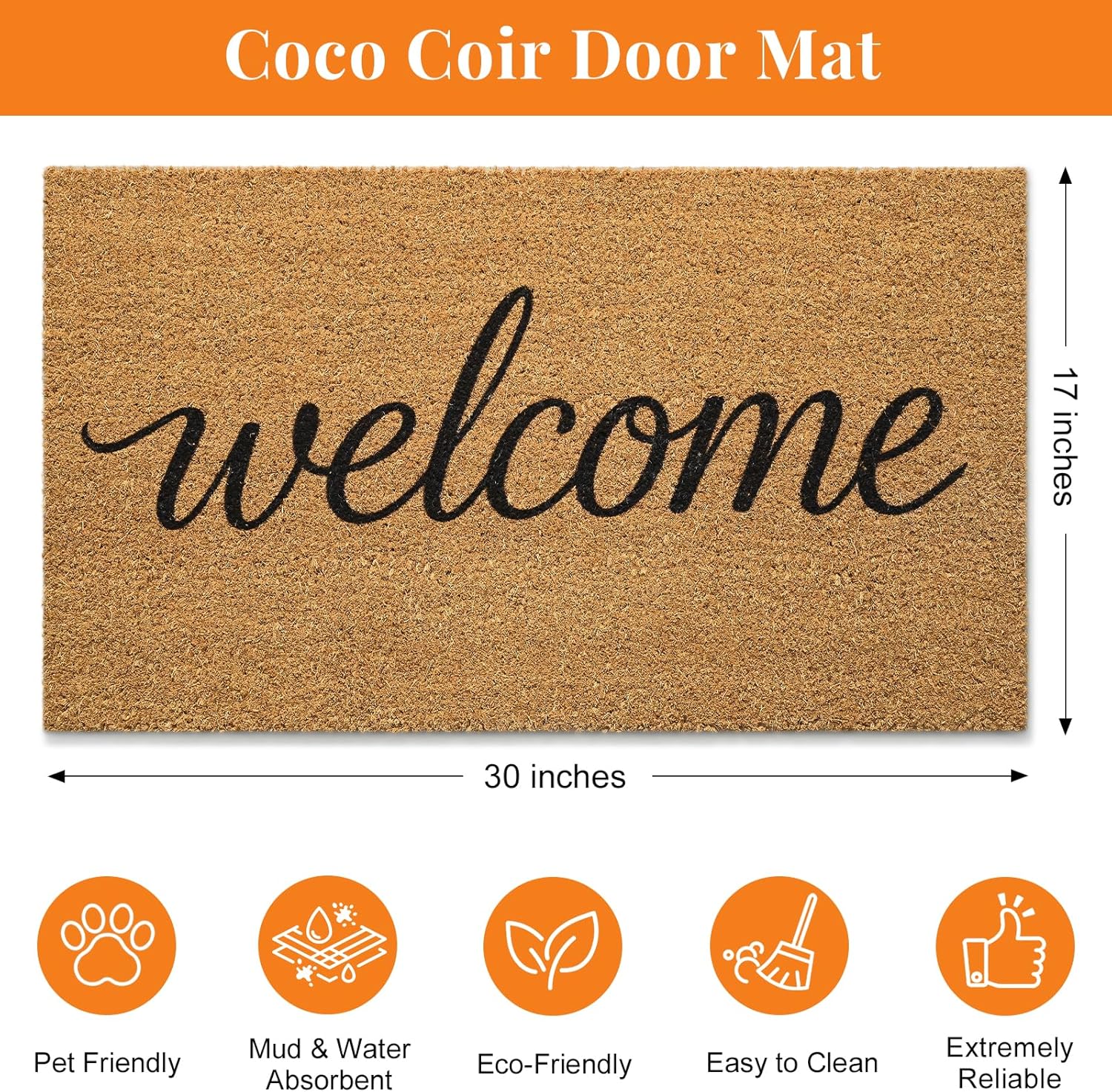 Kelarea Front Door Mat Natural Coco Coir Doormat with Heavy Duty Backing, 17" x 30" Welcome Entry Mats, Non-Slip Easy to Clean for Indoor Outdoor Entrance Porch