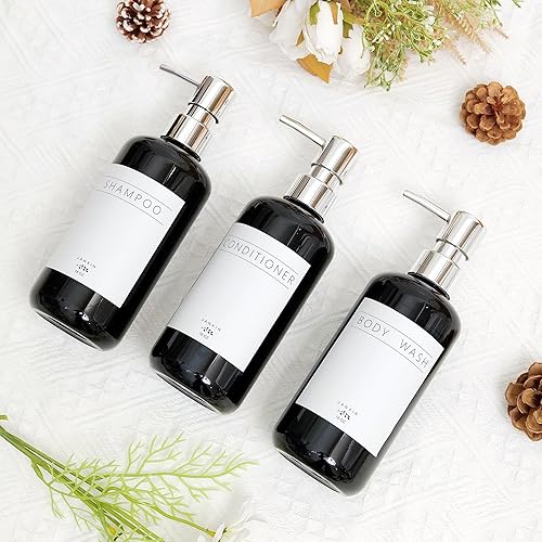 Miniatura 10 de Juego de 3 dispensadores de champú y acondicionador, moderno y recargable de 16 onzas, botellas de champú y acondicionador con bomba, elegante