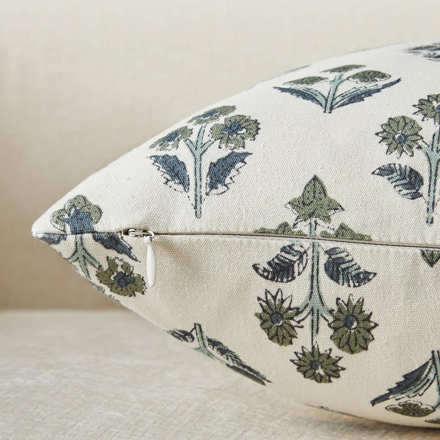100% Cotton Floral Pillow Covers Set of 2, Double Sided Block Print Boho Decorative Throw Pillow Cases, Farmhouse Style Cushion Covers for Home Decor, 22x22 Inches Olive