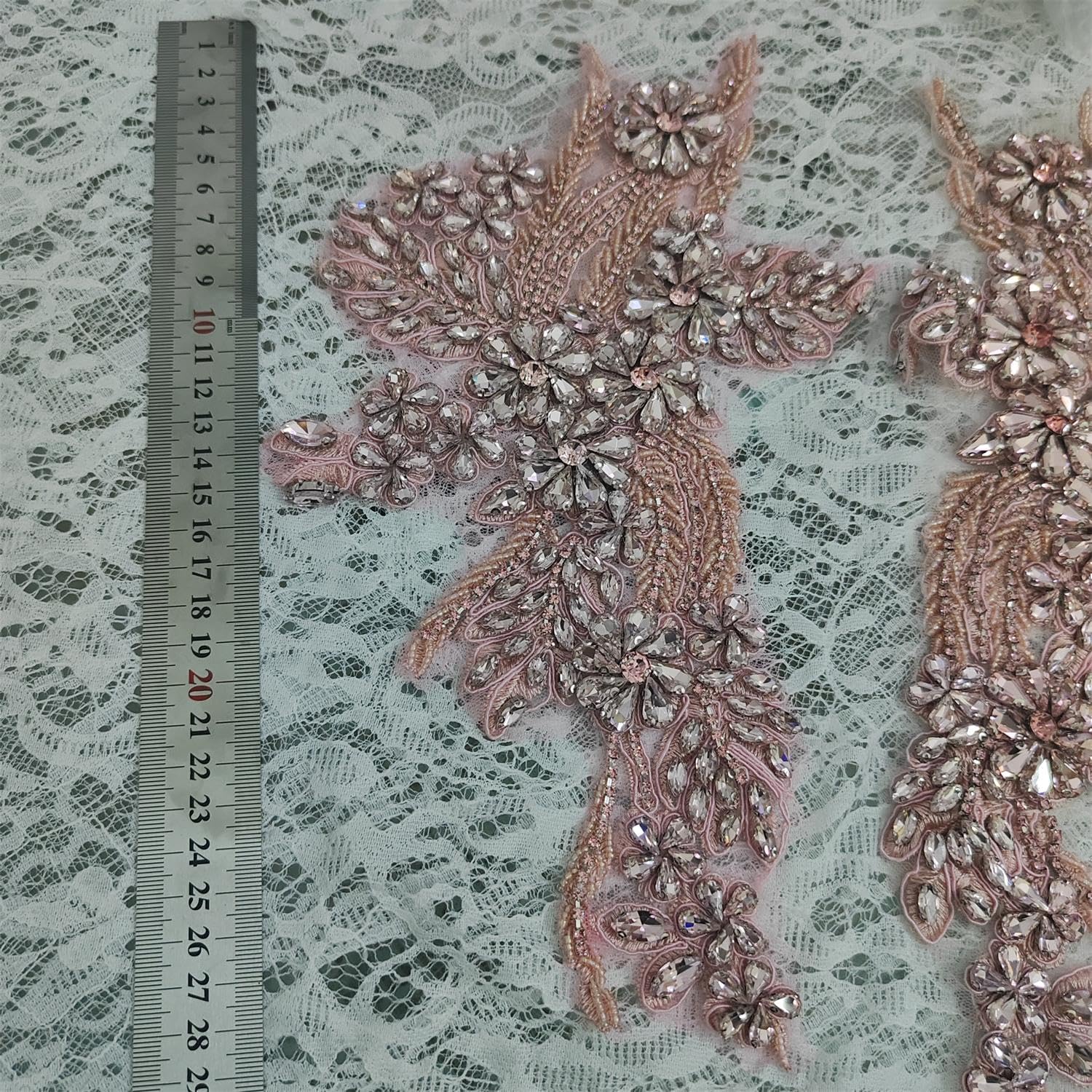 1 Pair Handmade Beaded Rhinestone Appliques, Sew on Crystal Flower Lace Patch,Multi-Color Pairs for DIY Clothing, Wedding Dress, Home Decor (Pink)