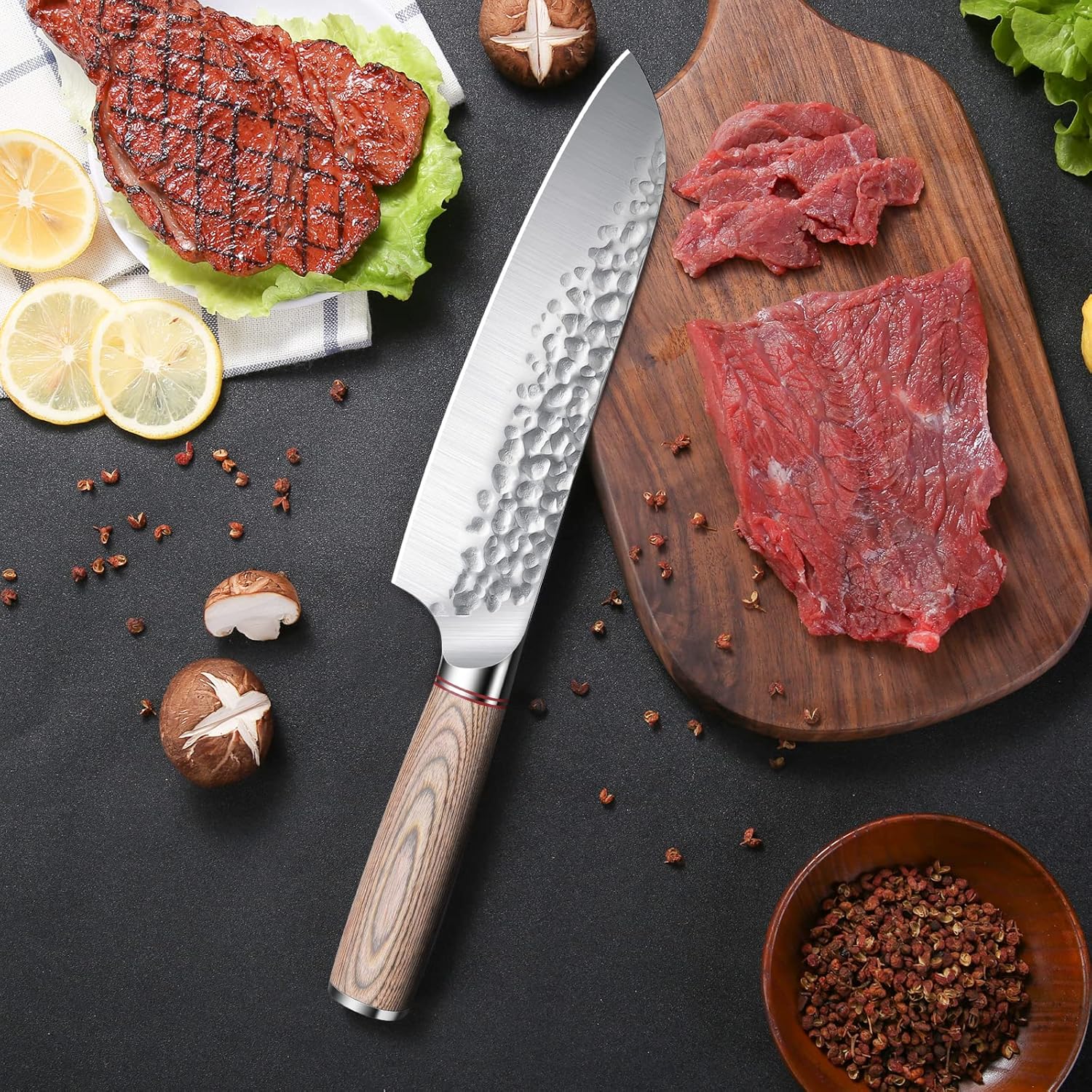 Huusk Japan Knife Set - 8-inch Chef Knife and 7-Inch Santoku Knife - Professional Hand Forged High Carbon Steel Kitchen Knives with Wood Handles - Perfect for Meat, Vegetables, Sushi, with Gift Box