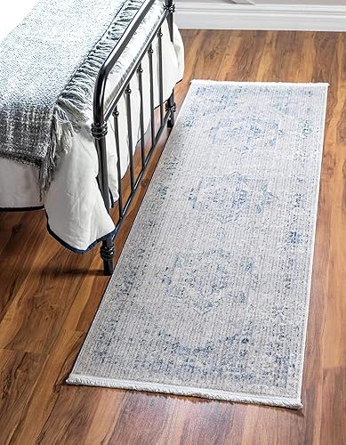 Unique Loom Noble Collection - Alfombra de área tradicional, envejecida, vintage, geométrica, borde, medallón, 2 pies 7 pulgadas x 10 pies, grisazul