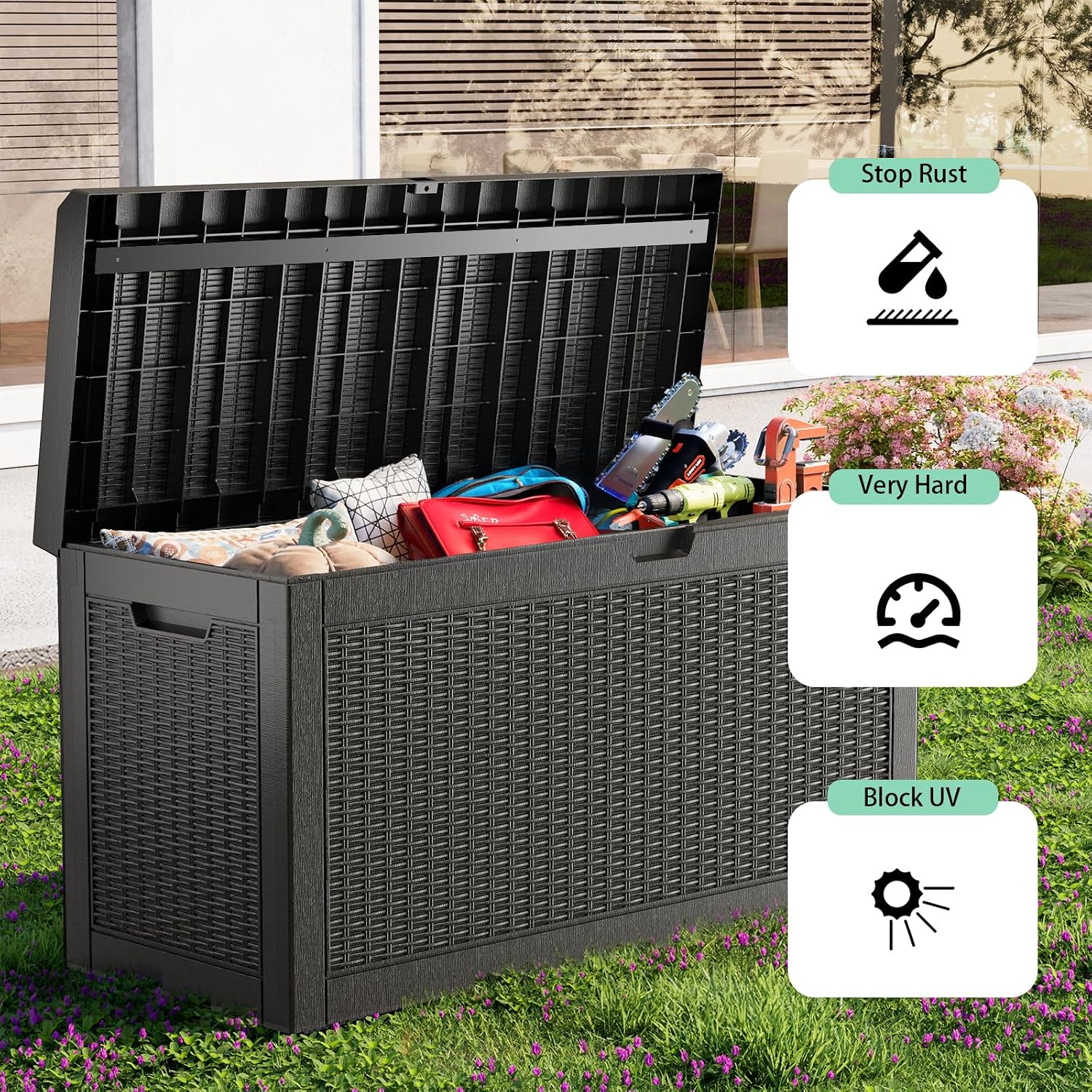 60 Gallon Outdoor Storage Box – Resin Deck Box with Lockable Lid, Waterproof Patio Furniture Storage for Tools, Garden & Yard Organization