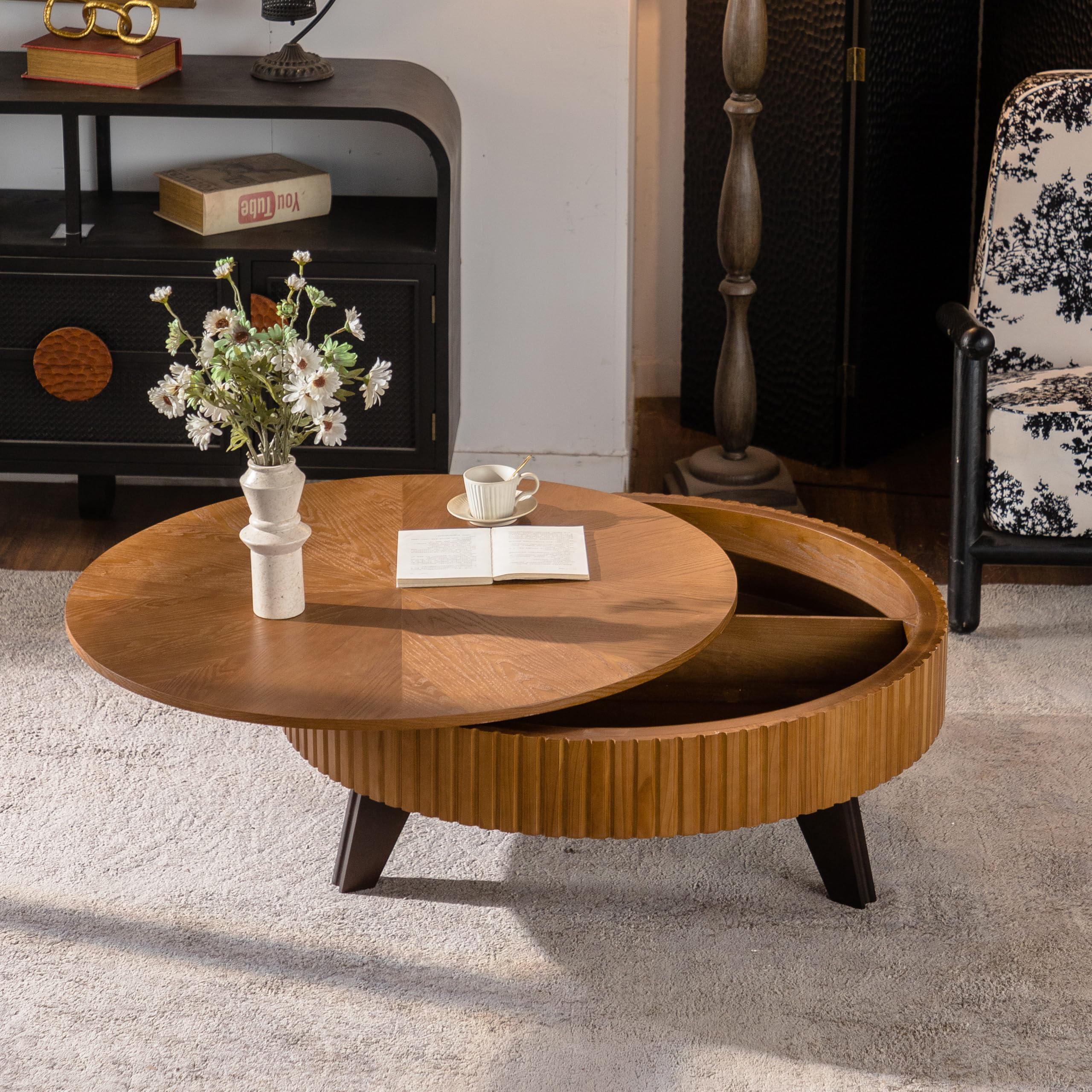 Retro Round Coffee Table with Storage and Solid Wood Legs, Timeless Design for Living Room &amp; Office (Natural, 39.37")