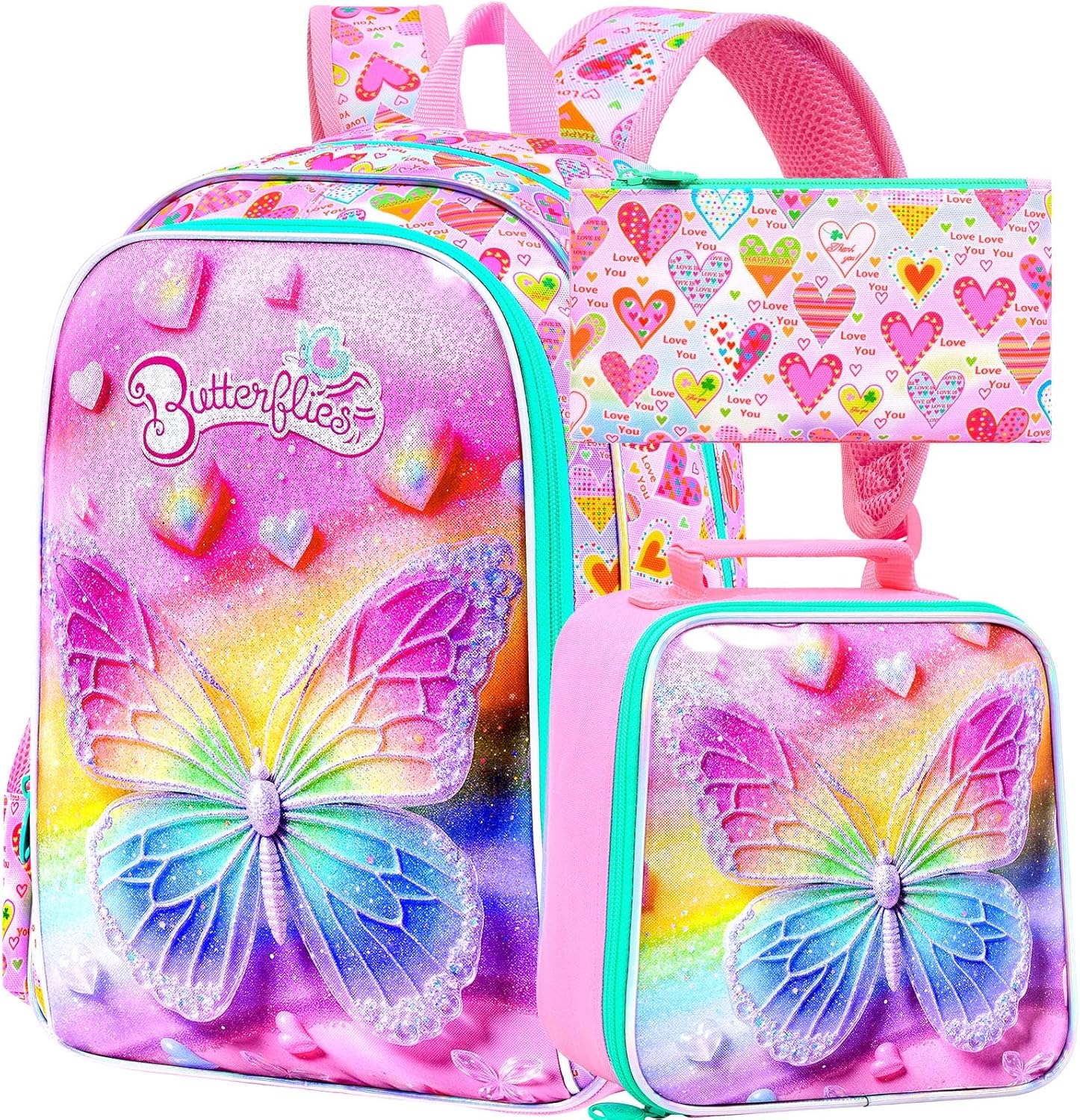 AGSDON 3PCS Backpack for Girls, 16" Little Kids Butterfly Preschool Bookbag, Elementary Backpacks and Lunch Box - Purple