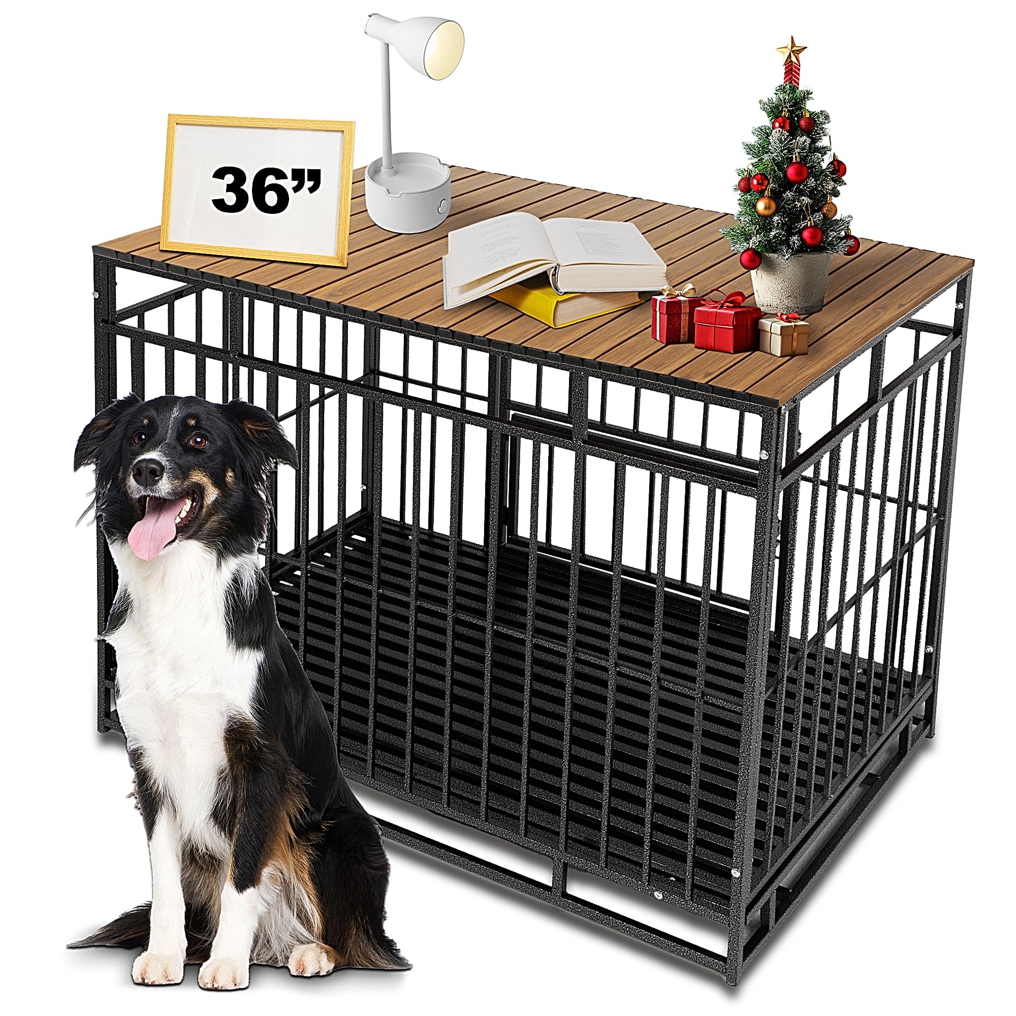 Petmystify Dog Crate Topper Metal with Magnets for 36 Inch Crate - Foldable Dog Kennel Topper Decorative Storage Pet Crate Table Walnut (Only Topper)