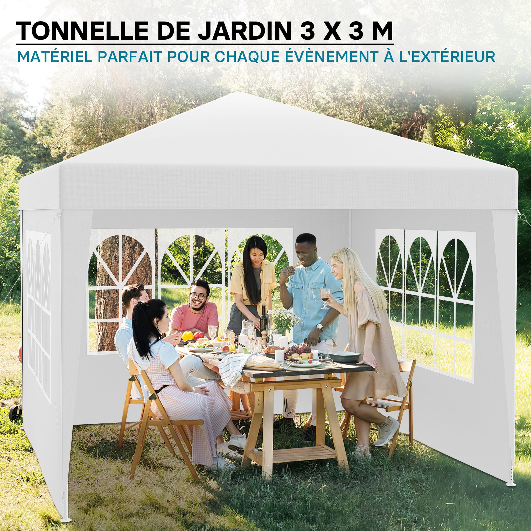 Wiltec Pavillon 3 x 3 m en Blanc avec Protection UV 50+, Gazebo de Jardin avec côtés Amovibles, Tente de réception avec fenêtres pour terrasse et Festival, par Exemple