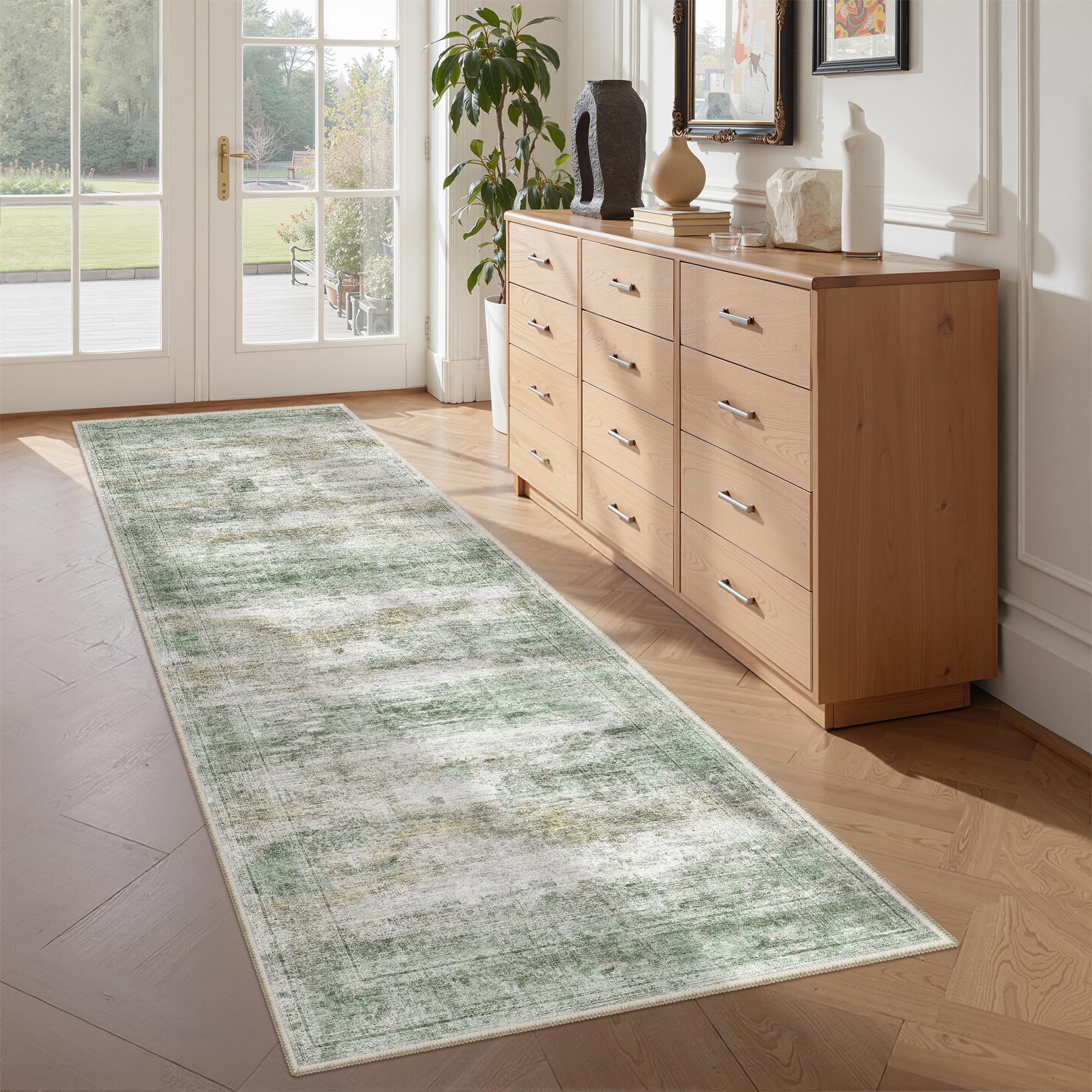 Restydon Washable Runner Rugs for Bedroom - 2x6 Runner Rug Non Slip, Ultra-Thin Entryway Runner, Soft Abstract Kitchen Runner for Hallway, Laundry, Indoor Door Mat(2'x6', Green/Yellow/Ivory) — image 1