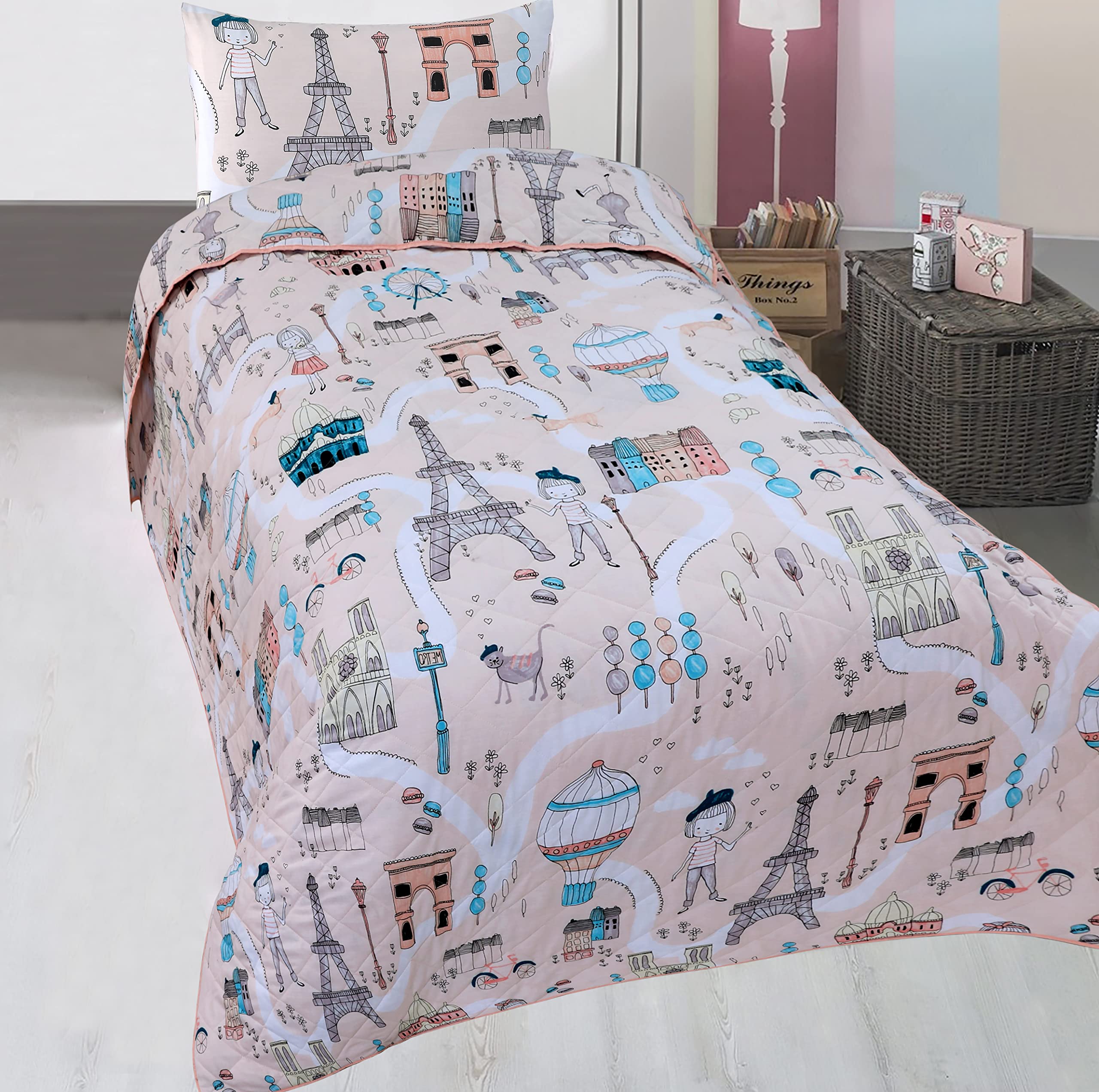 DHESTIA HOME - Colcha Bouti Infantil Cama 90 y Cama 105 con Cojín Niñas Ohlalá - Color Rosa Palo, Talla Cama 90/105