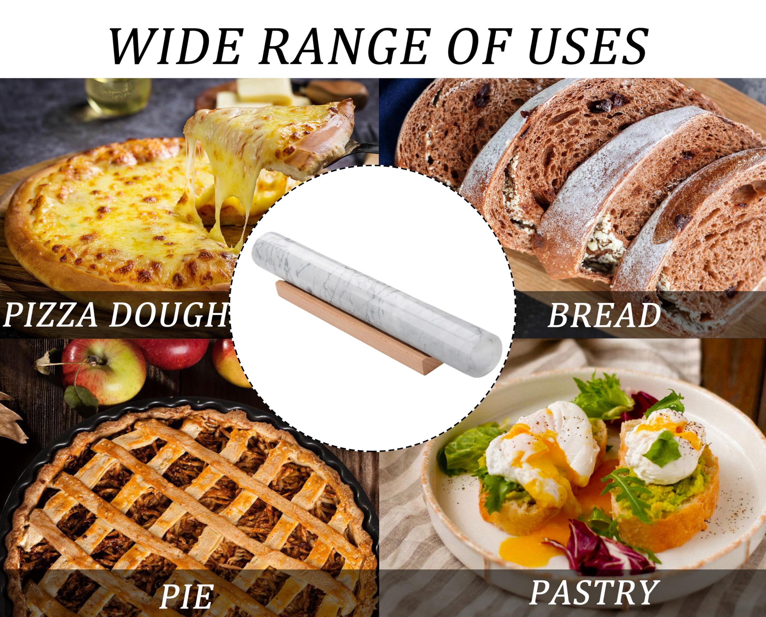 Rodillo de mármol con soporte de madera, rodillo antiadherente para pan, masa de pizza, corteza, pastelería, galletas (blanco, 11.8 pulgadas)