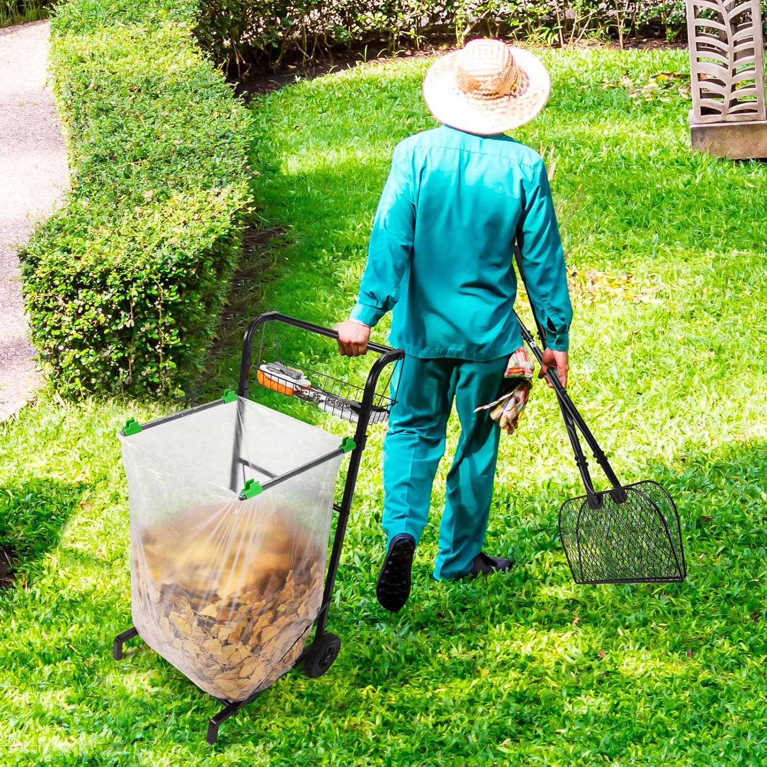 CAROD Mobile Trash Bag Holder with Storage Basket and Ergonomic Handle, Convenient Leaf Bag Cart with Leaves Grabber Rake Combo, Suitable for Leaves, Weeding, Camping, Party