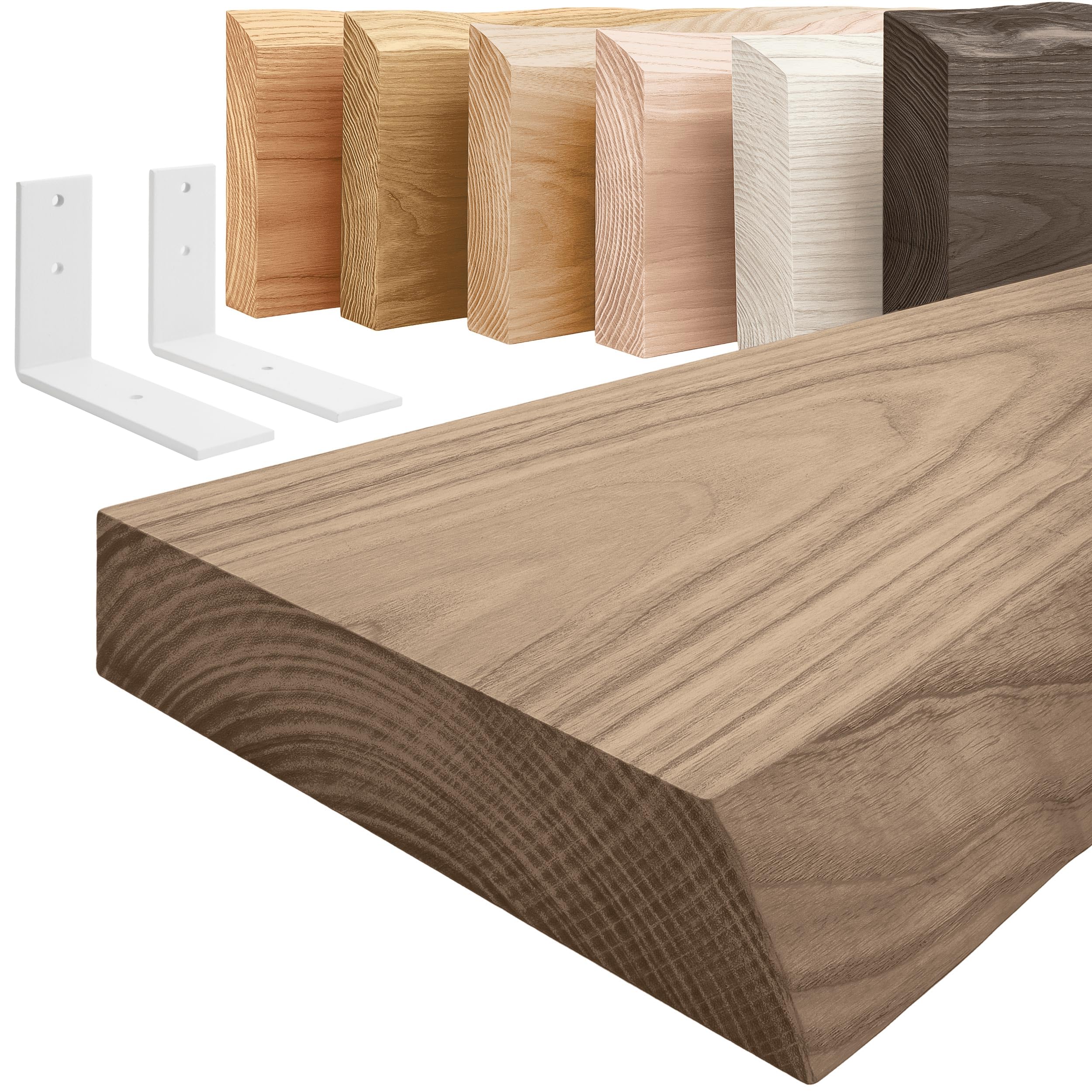 LAMO Manufaktur Estantería de Pared con Soportes Blancos en Forma de L | Estantería Larga Madera 160cm para baño, Pasillo, Cocina Estilo Industrial | Color: Nogal, Borde: Natural | Madera Maciza