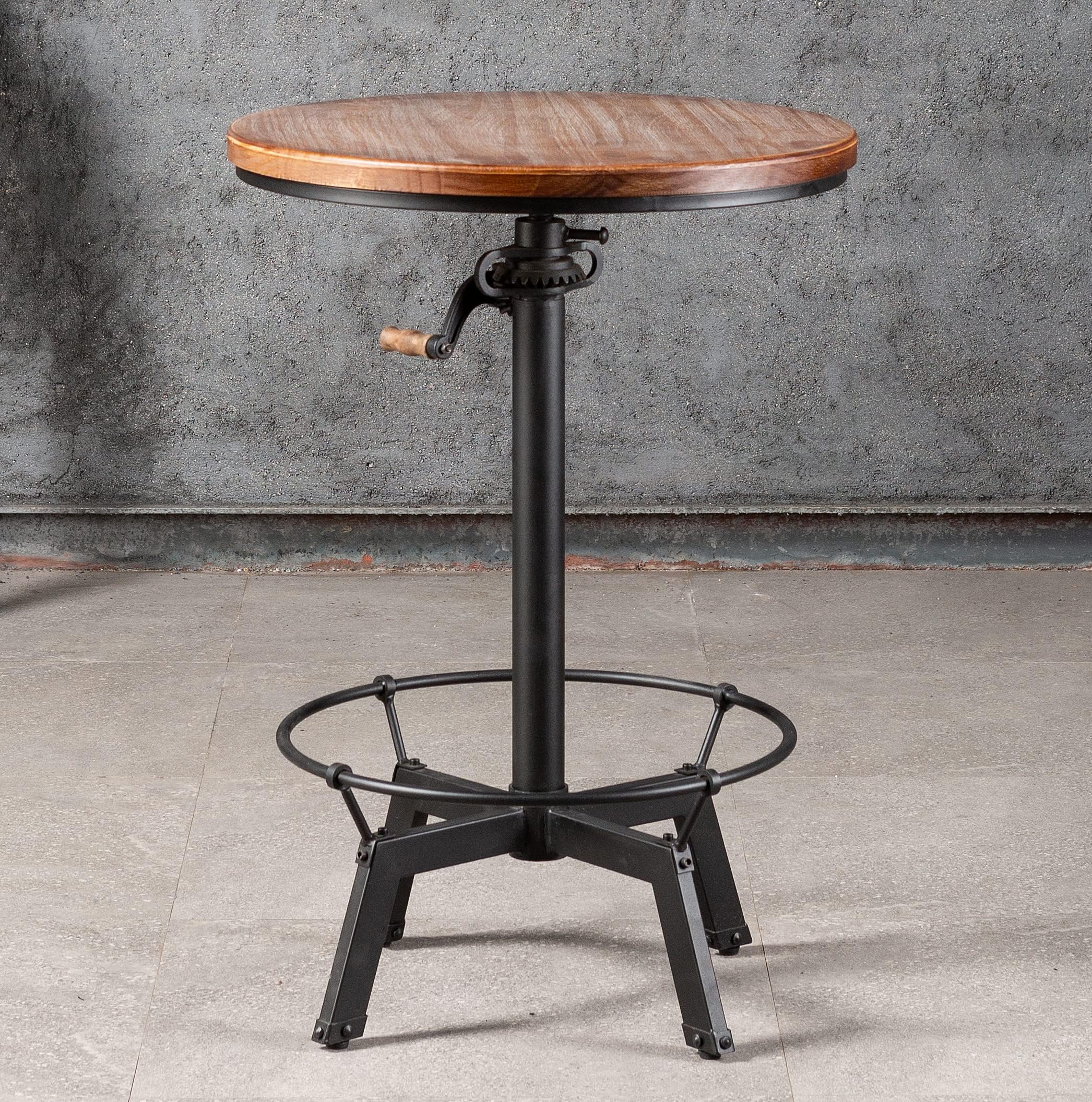 - 33.5-39.4 Inch Tall Industrial Bar Table-Adjustable Bar Height Bistro Whiskey Pub Table-23.7" Dia Swivel Round Wood Top Metal Base-Easily Adjusts by Crank Handle