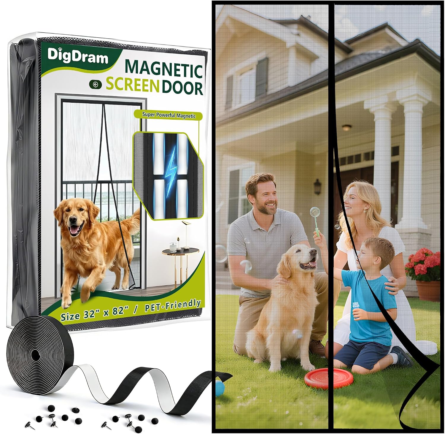 Magnetic Screen Door - Upgraded PET Mesh, Heavy Duty Screen Mesh Curtain for Sliding/Patio Door, Hands-Free Self-Sealing, Keep Bugs Out,Screen Size 32" x 82", Black