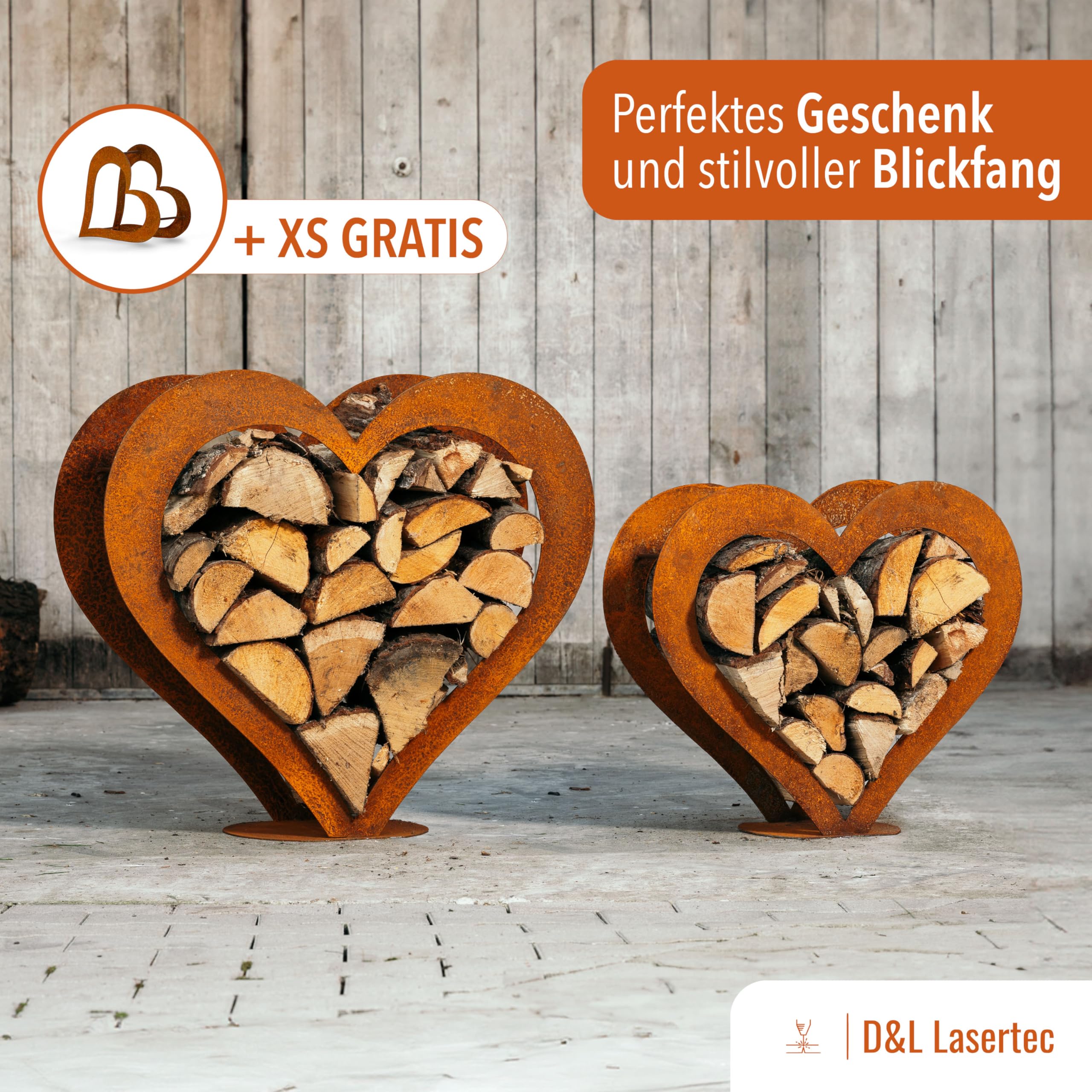 D&L Lasertec Kaminholzkorb, Herz aus Metall, Rost, Edelrost, Holzregal - Deko - SET M+L+XS