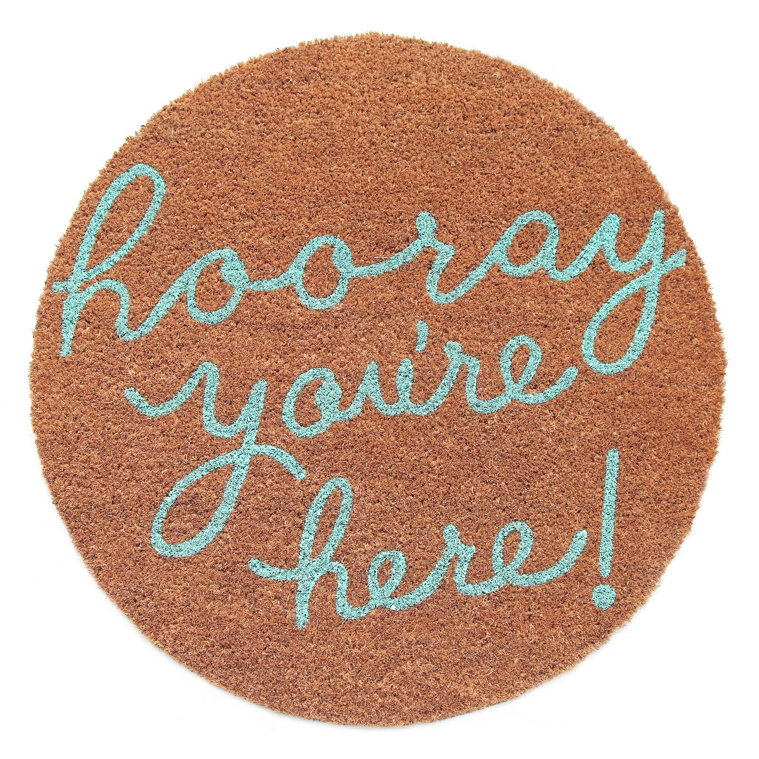 Onlymat Round Shape Coir Doormat, Here Print, Natural Coir Entry Mat with Anti-Slip PVC Back for Indoors and Outdoors (60cm x 60cm)