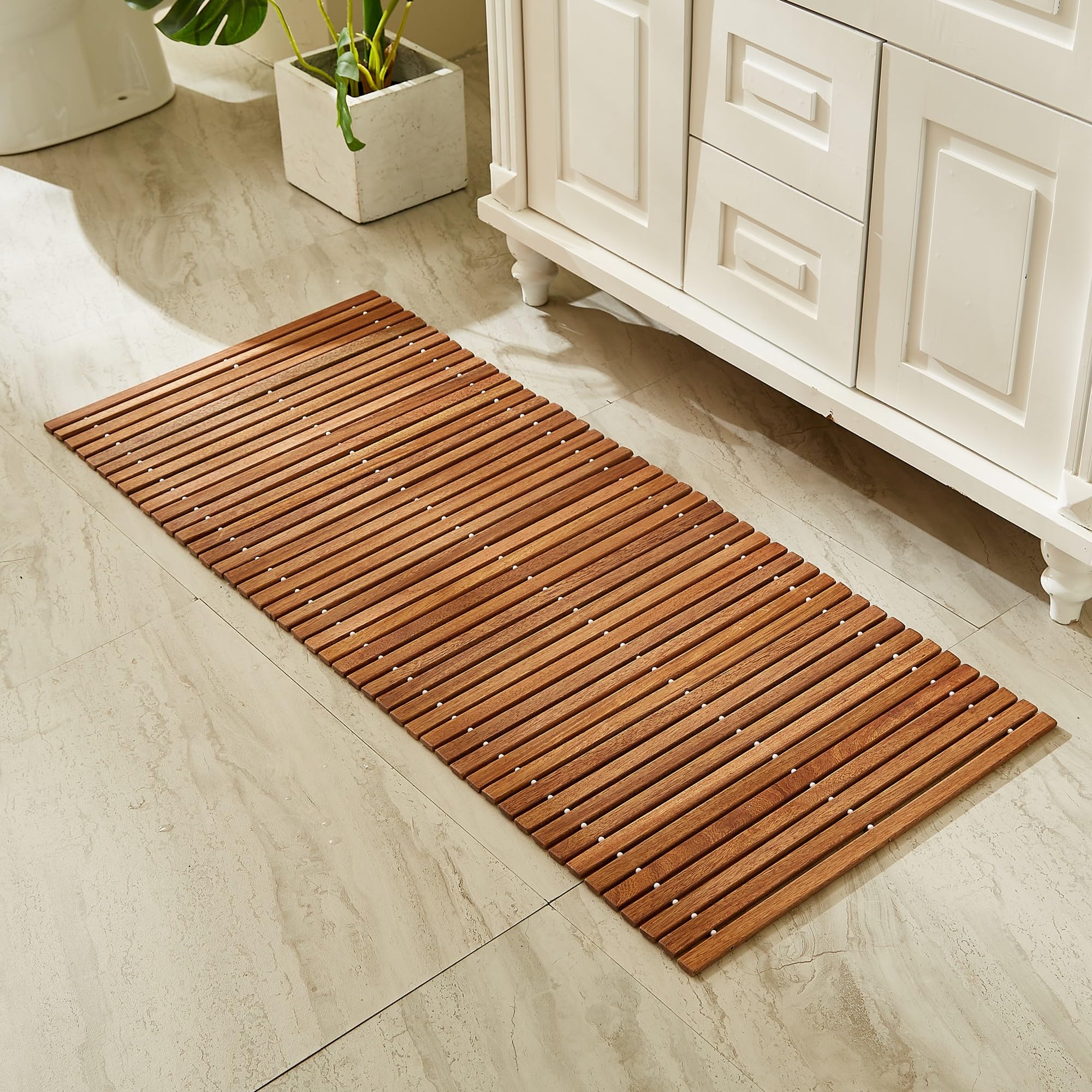 Alfombrilla de baño de madera teca, 118 x 50 cm, antideslizante, ducha