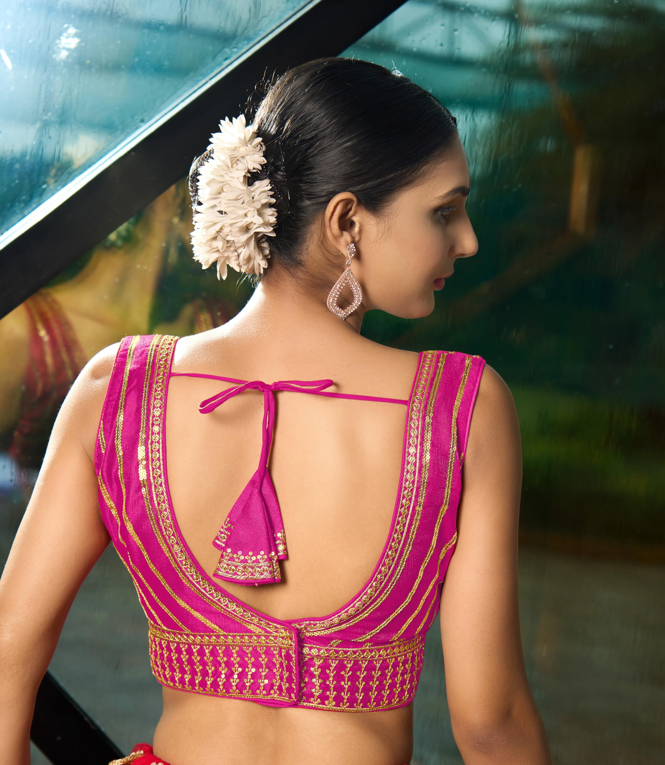 Pujia Mills Women's Readymade Blouse Embroidery Multi Coding Gold Thread Indian Ethnic Designer Stitched Readymade Saree Sleeveless Pink Blouse For Women For Saree Lehenga Choli