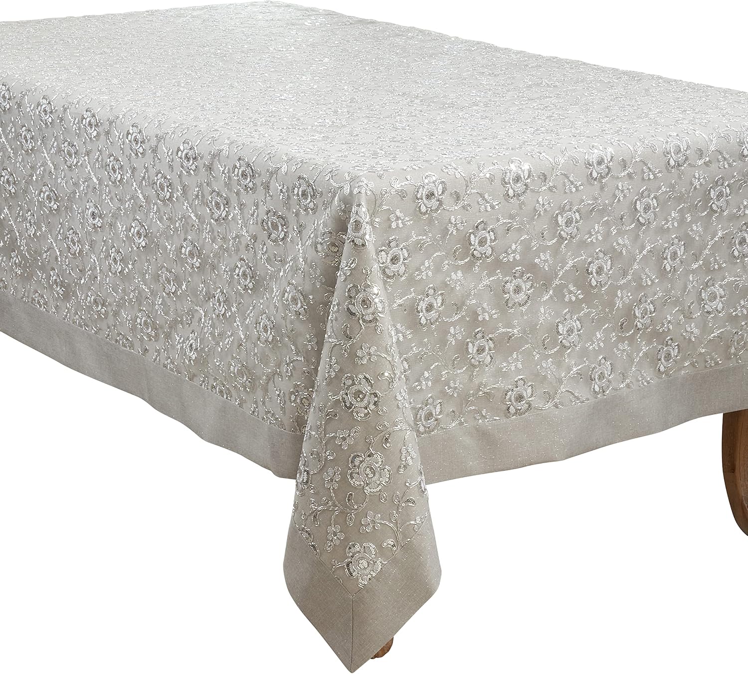 SARO LIFESTYLE Floral Embroidered Tablecloth, Silver, 65"