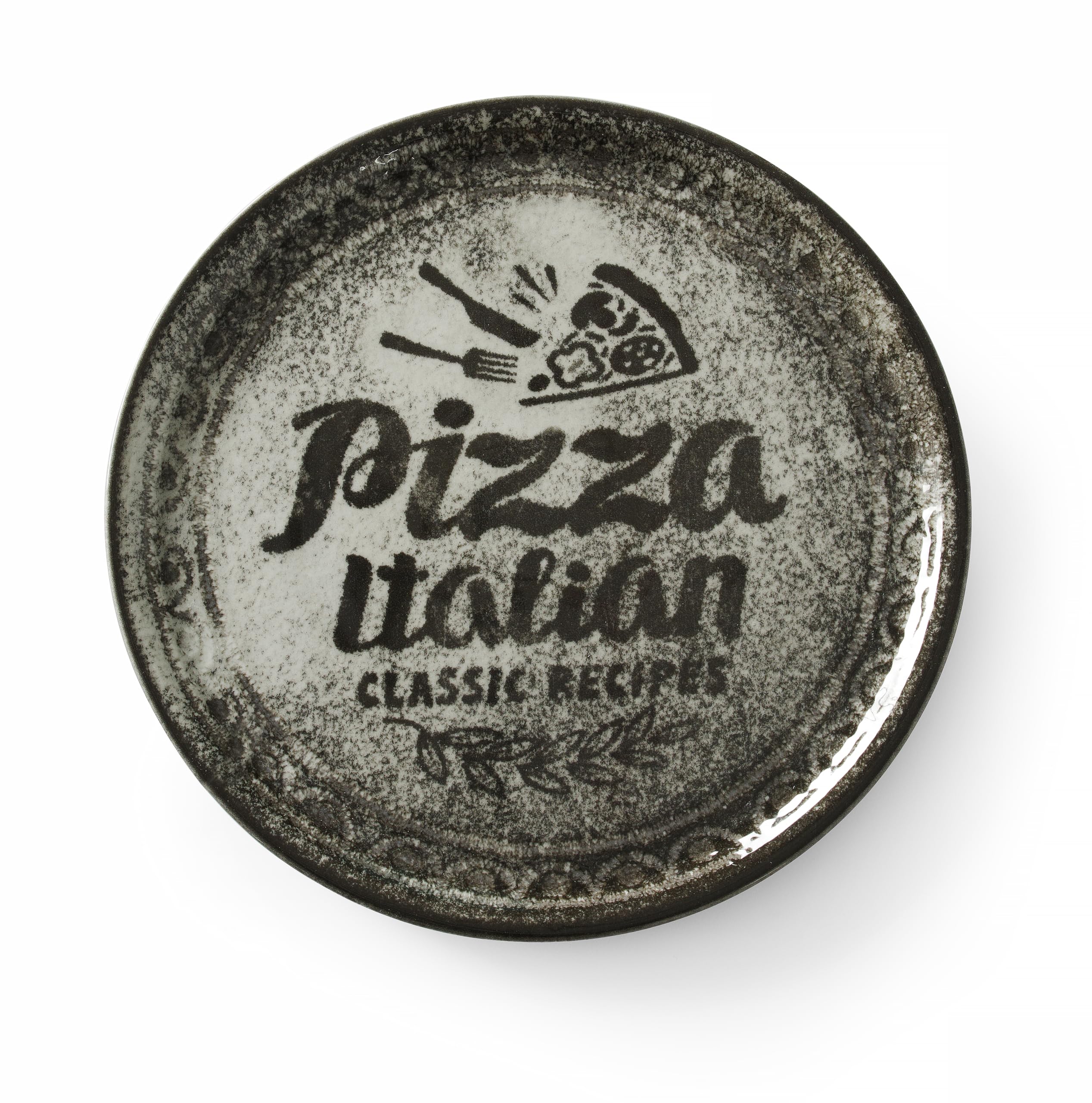 HENDI Pizza plate, porcelain, pattern: text and pizza illustration, dishwasher and microwave suitable, ⌀330mm, black